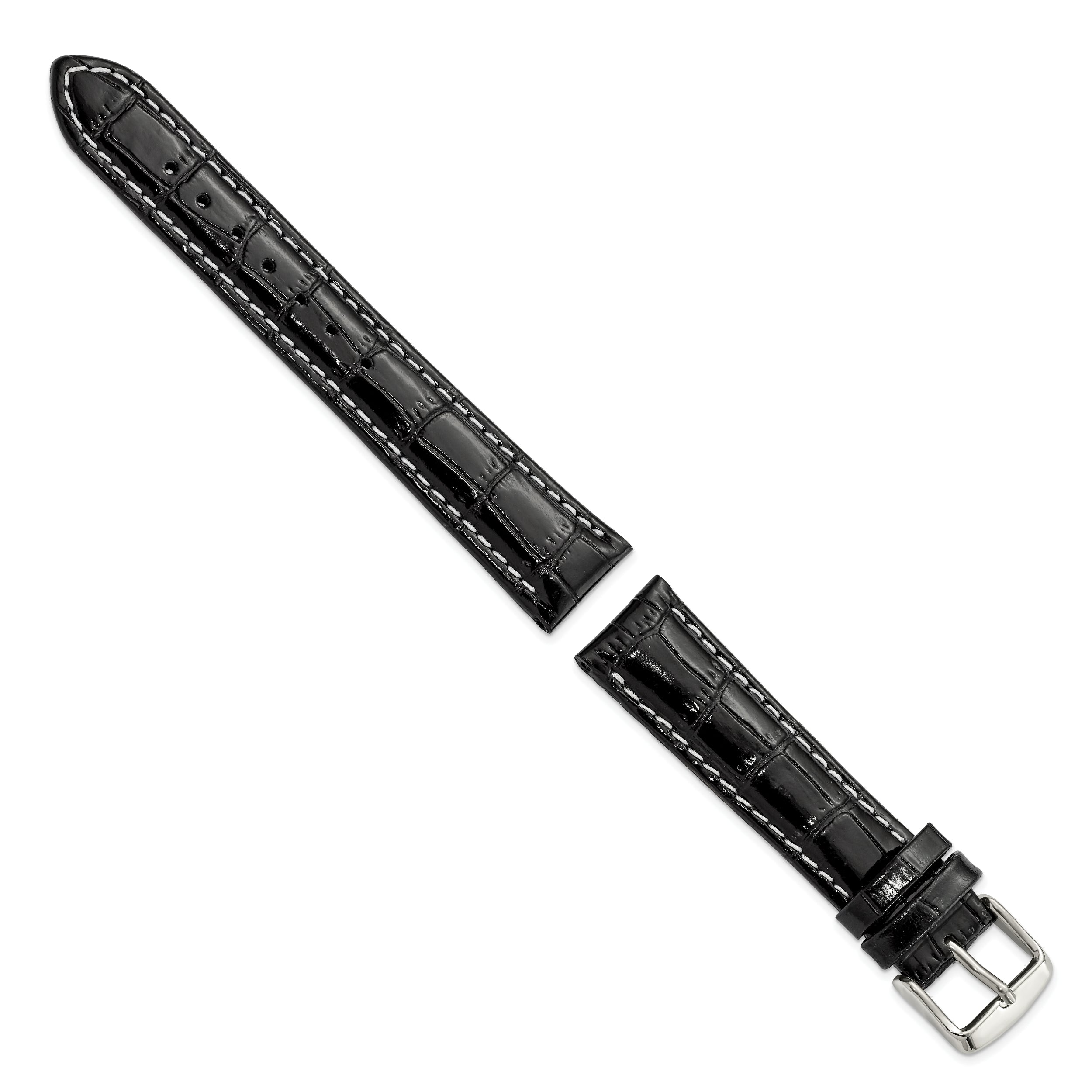 18mm Black Crocodile Grain Chronograph Leather with White Stitching and Sliver-tone Buckle 7.5 inch Watch Band