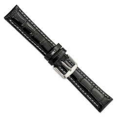 18mm Black Crocodile Grain Chronograph Leather with White Stitching and Sliver-tone Buckle 7.5 inch Watch Band