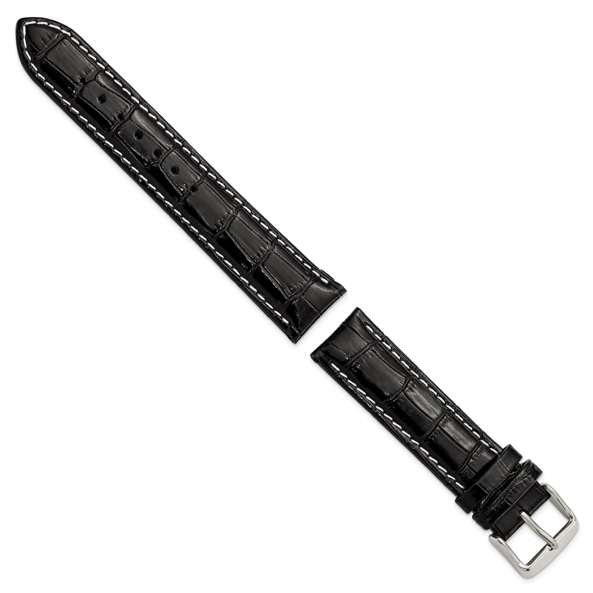 18mm Black Crocodile Grain Chronograph Leather with White Stitching and Sliver-tone Buckle 7.5 inch Watch Band