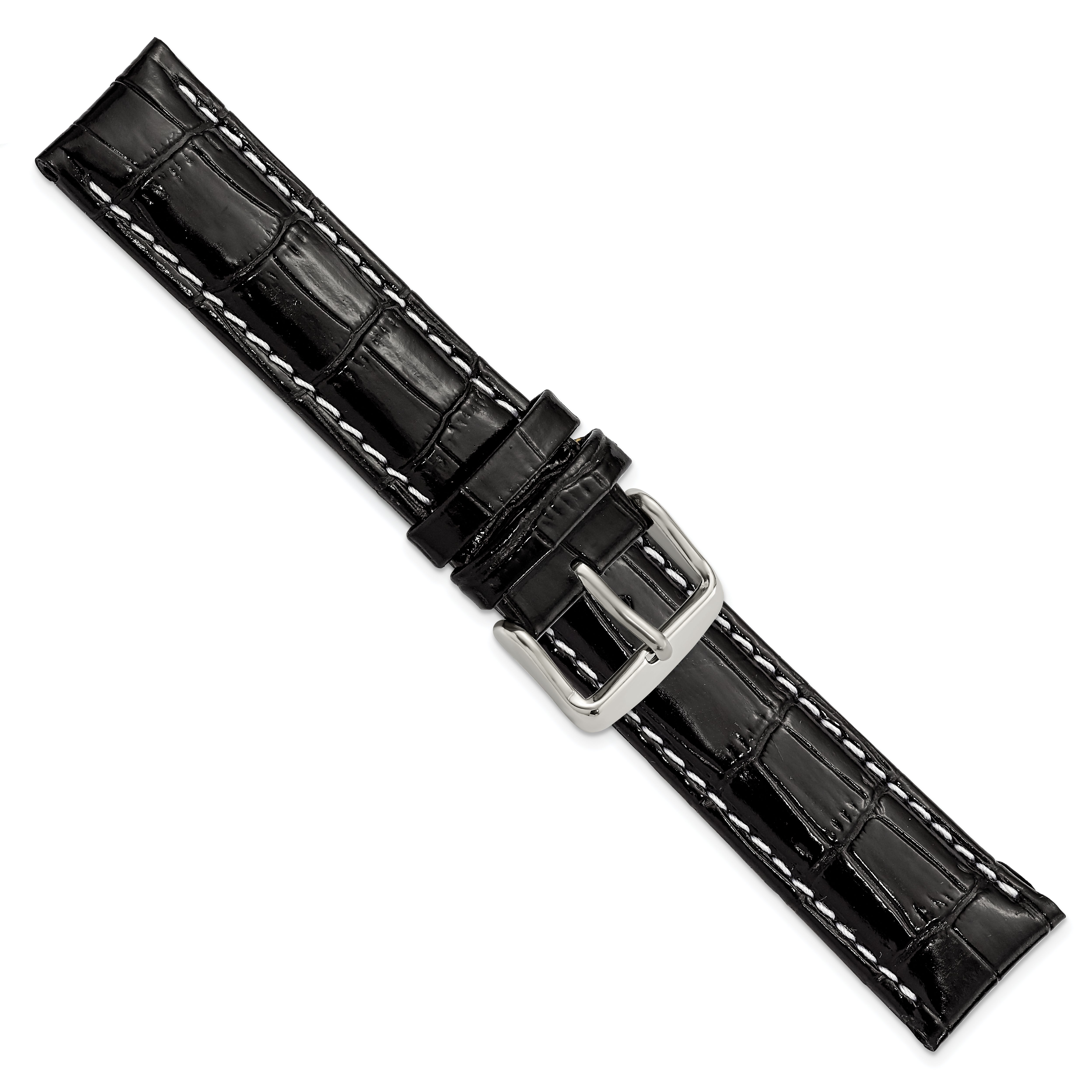 18mm Black Crocodile Grain Chronograph Leather with White Stitching and Sliver-tone Buckle 7.5 inch Watch Band