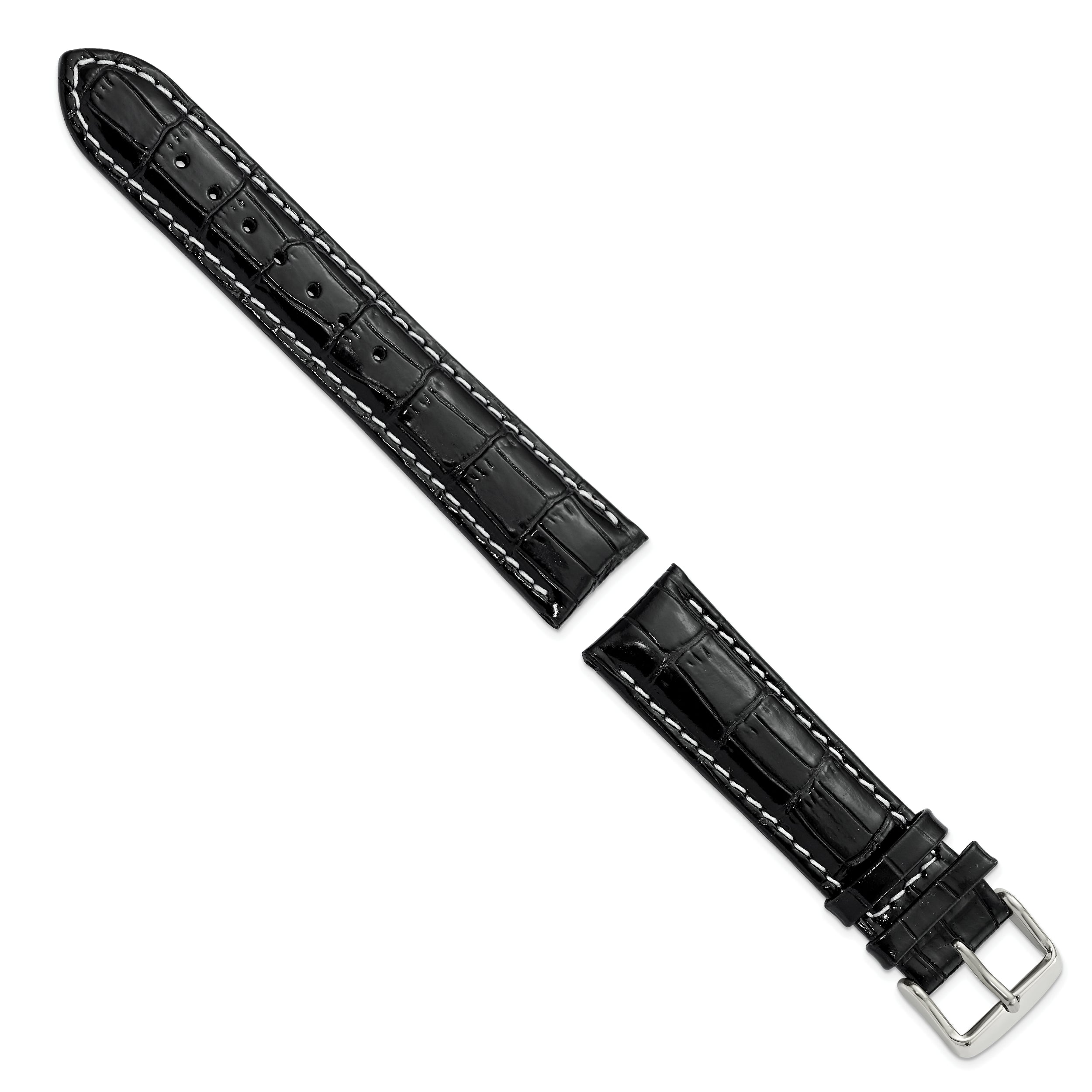 18mm Black Crocodile Grain Chronograph Leather with White Stitching and Sliver-tone Buckle 7.5 inch Watch Band