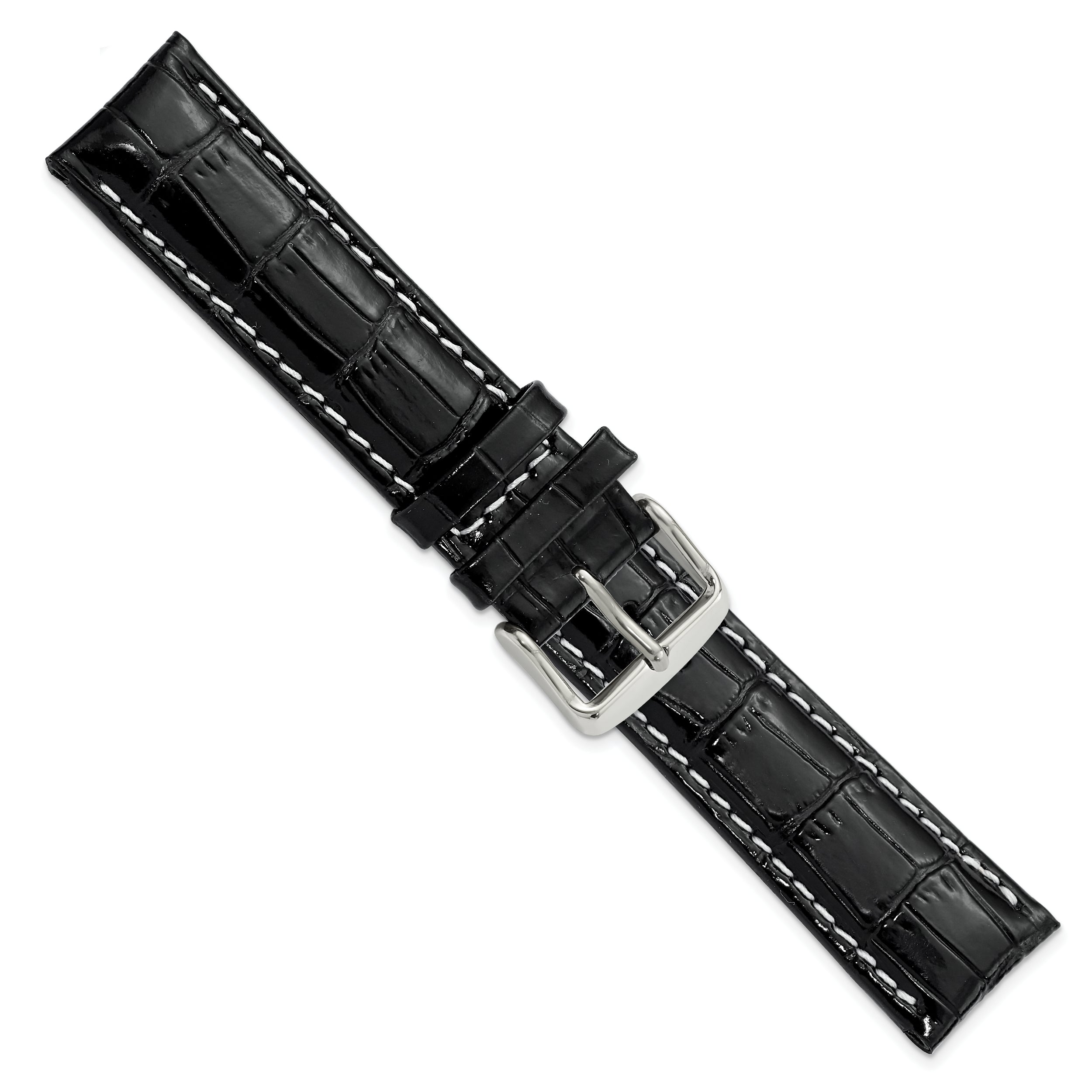 18mm Black Crocodile Grain Chronograph Leather with White Stitching and Sliver-tone Buckle 7.5 inch Watch Band