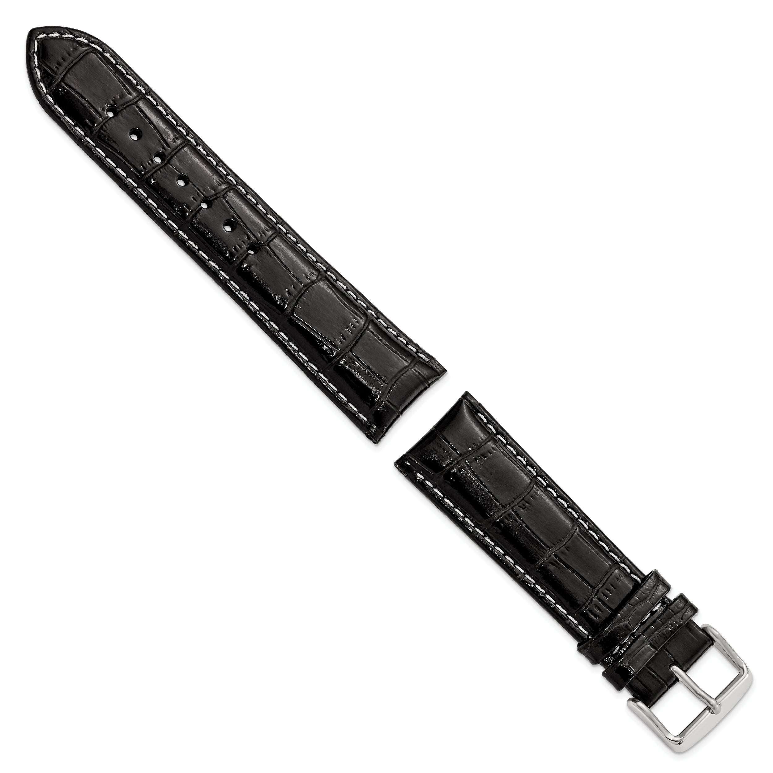 18mm Black Crocodile Grain Chronograph Leather with White Stitching and Sliver-tone Buckle 7.5 inch Watch Band