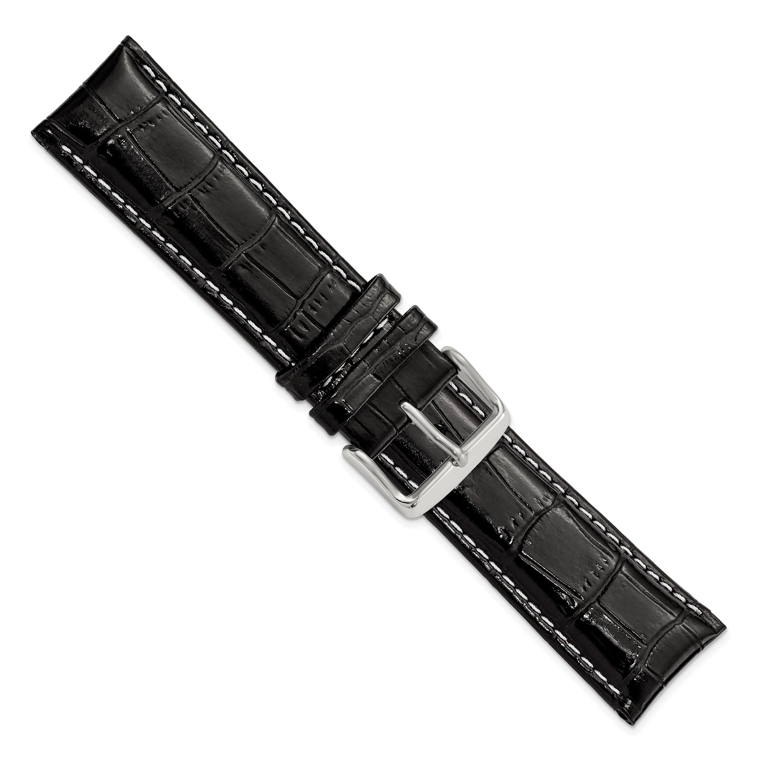 18mm Black Crocodile Grain Chronograph Leather with White Stitching and Sliver-tone Buckle 7.5 inch Watch Band