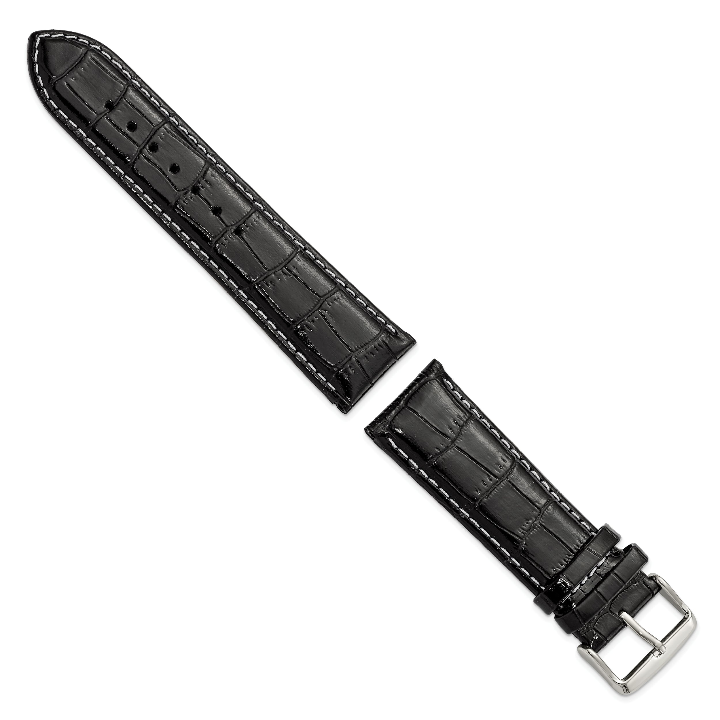 18mm Black Crocodile Grain Chronograph Leather with White Stitching and Sliver-tone Buckle 7.5 inch Watch Band