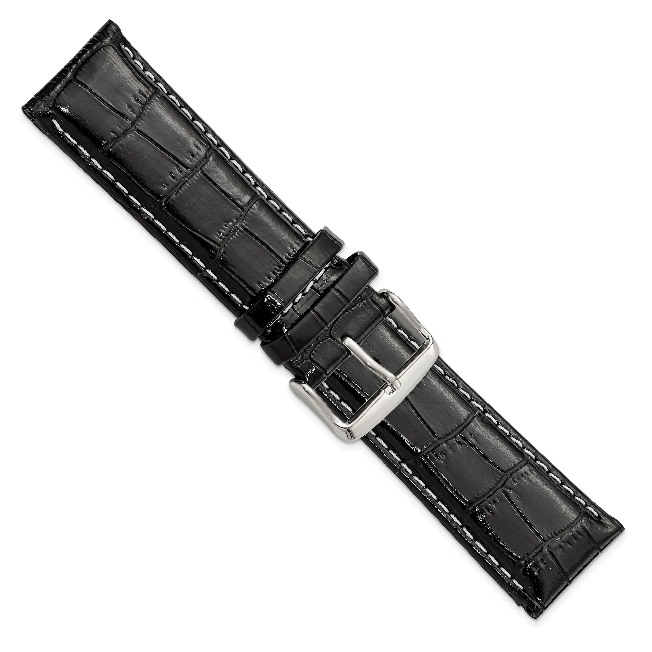 18mm Black Crocodile Grain Chronograph Leather with White Stitching and Sliver-tone Buckle 7.5 inch Watch Band