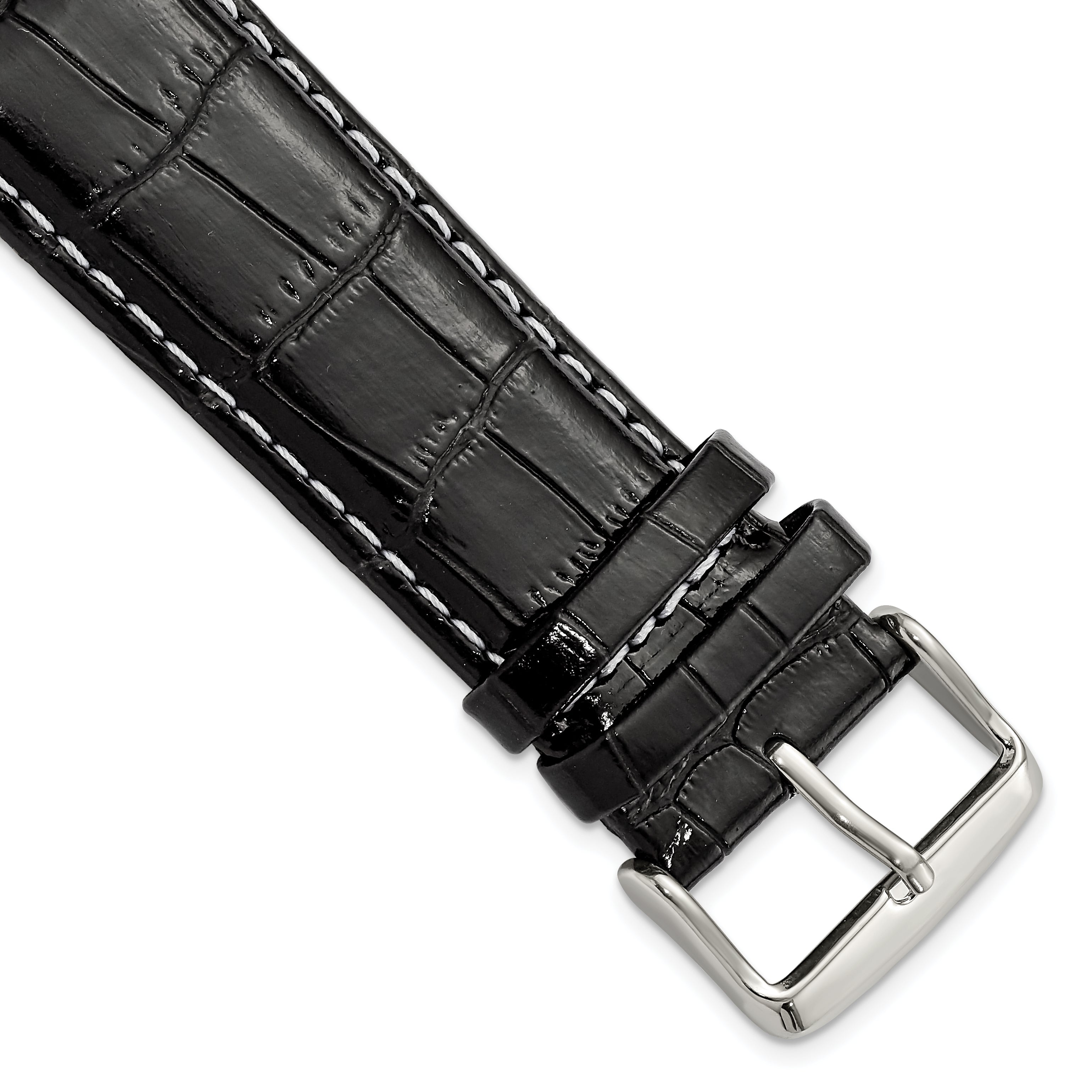 DeBeer 24mm Black Crocodile Grain Chronograph Leather with White Stitching and Sliver-tone Buckle 7.5 inch Watch Band