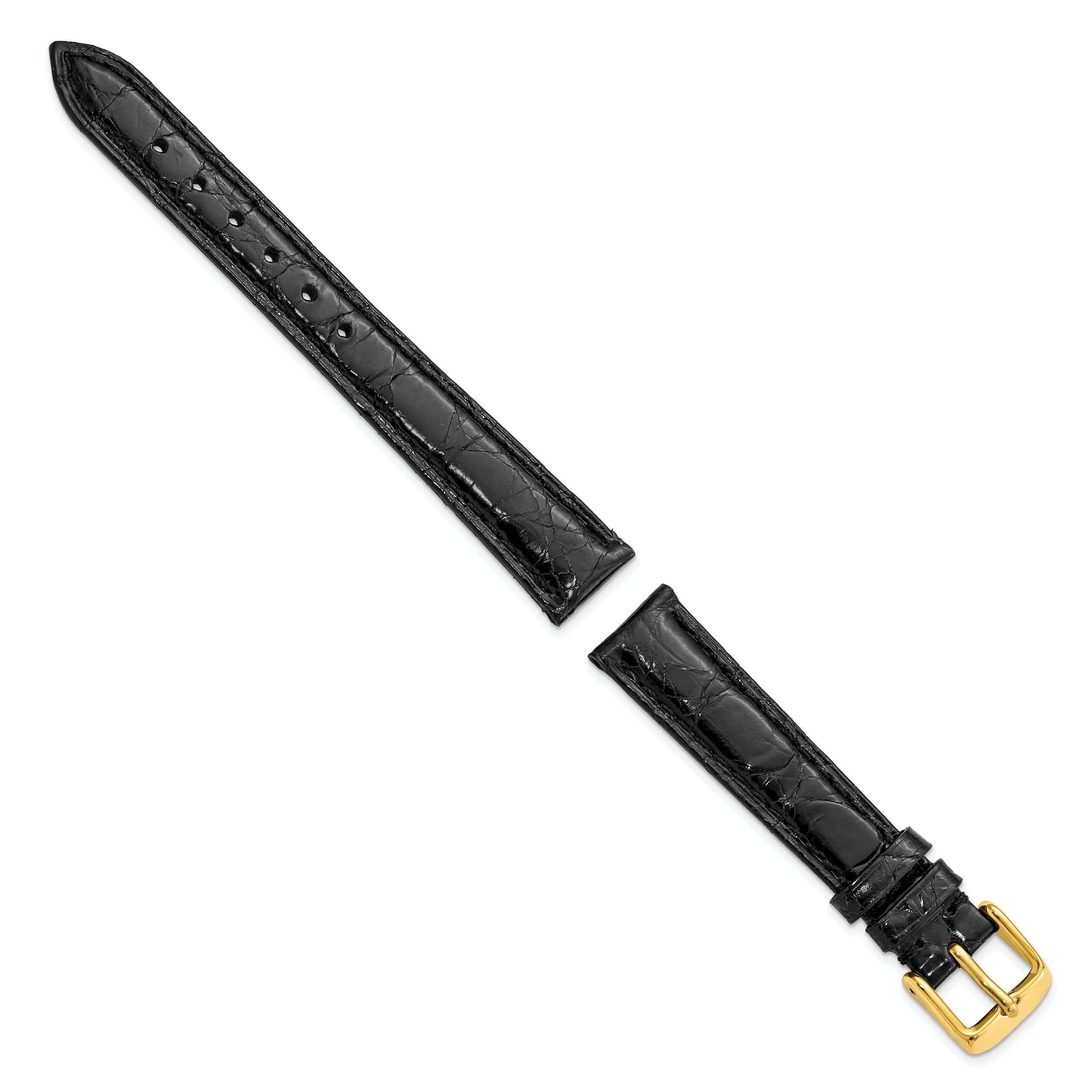 12mm Black Genuine Caiman Leather with Gold-tone Buckle 6.75 inch Watch Band