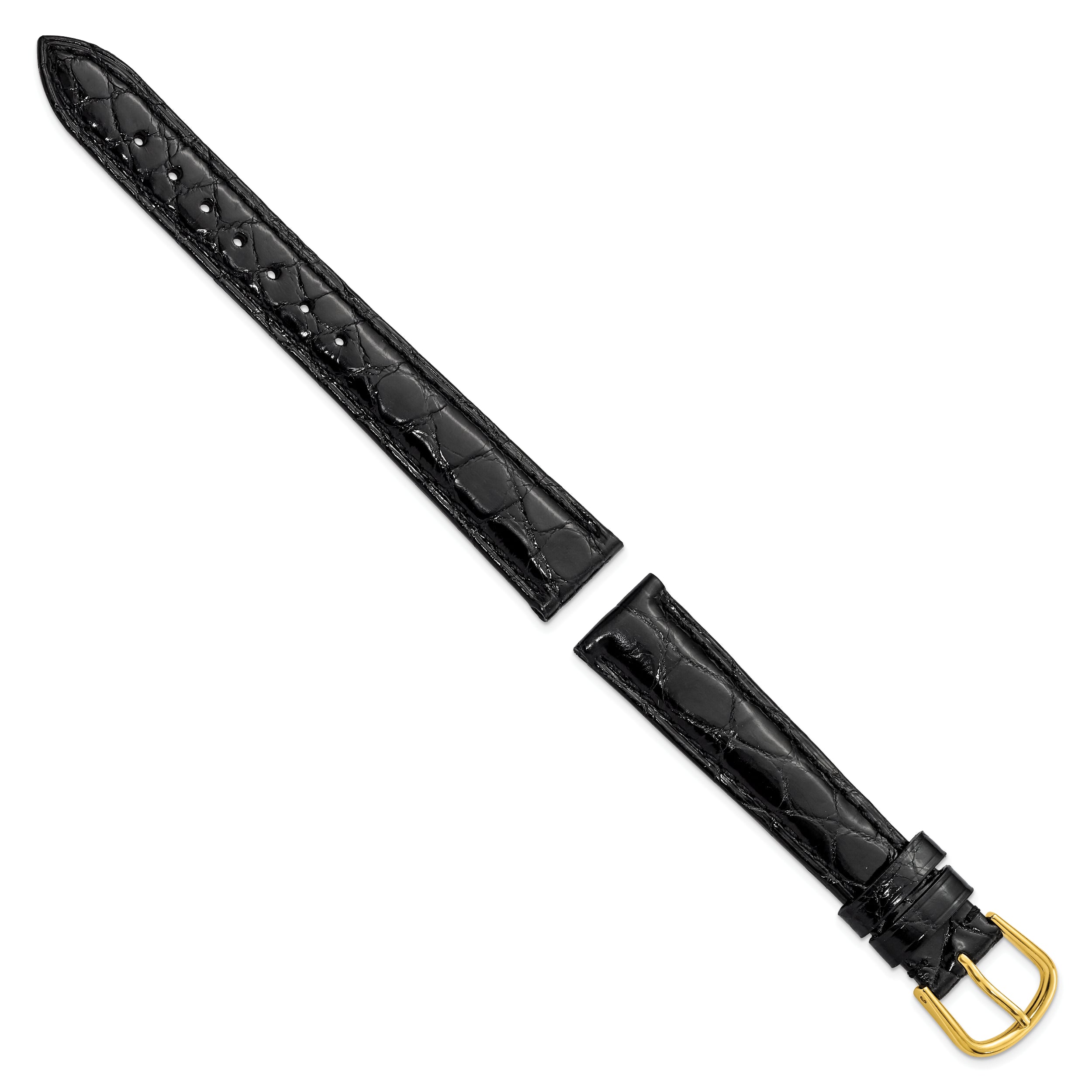 12mm Black Genuine Caiman Leather with Gold-tone Buckle 6.75 inch Watch Band