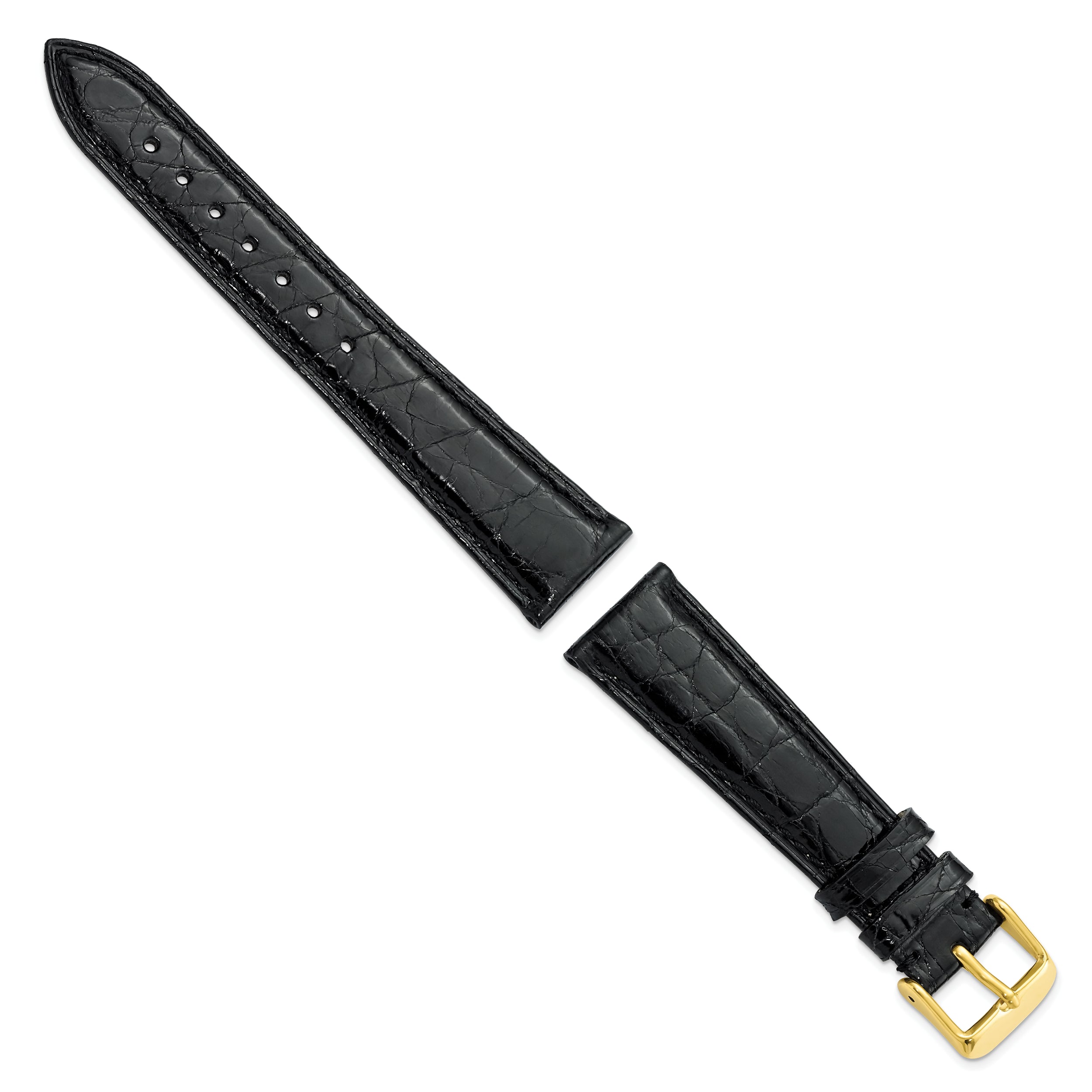 12mm Black Genuine Caiman Leather with Gold-tone Buckle 6.75 inch Watch Band