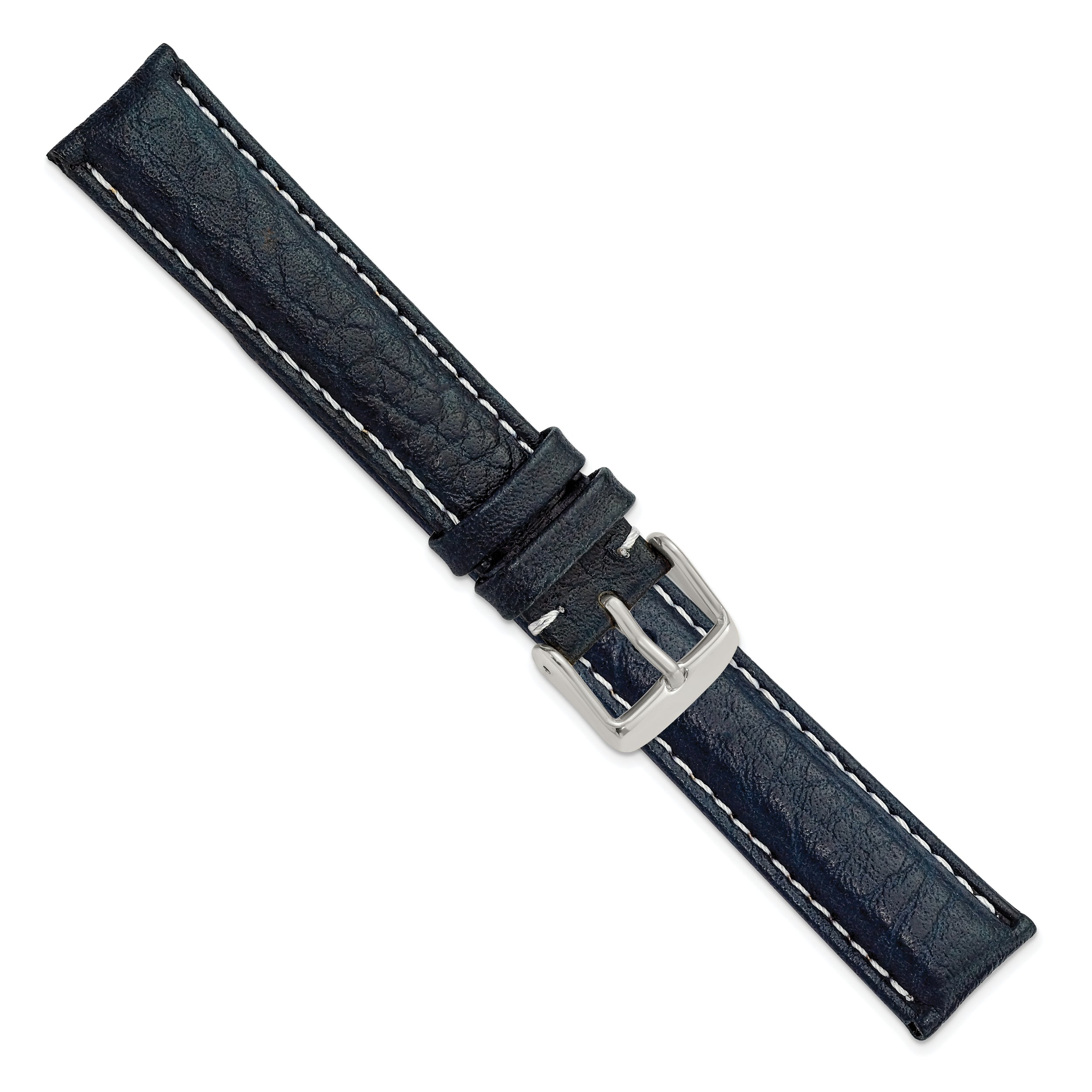 16mm Navy Sport Leather with White Stitching and Silver-tone Buckle 7.5 inch Watch Band