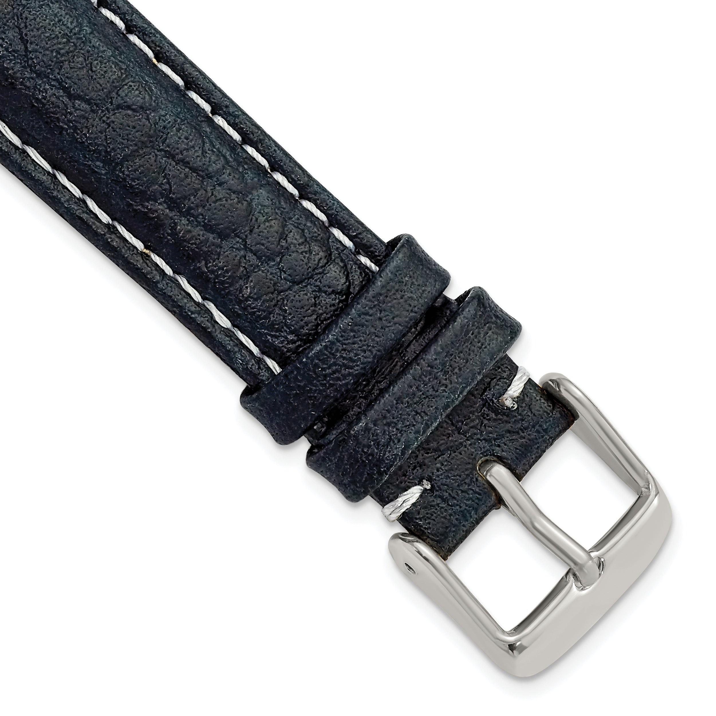 DeBeer 18mm Navy Sport Leather with White Stitching and Silver-tone Buckle 7.5 inch Watch Band