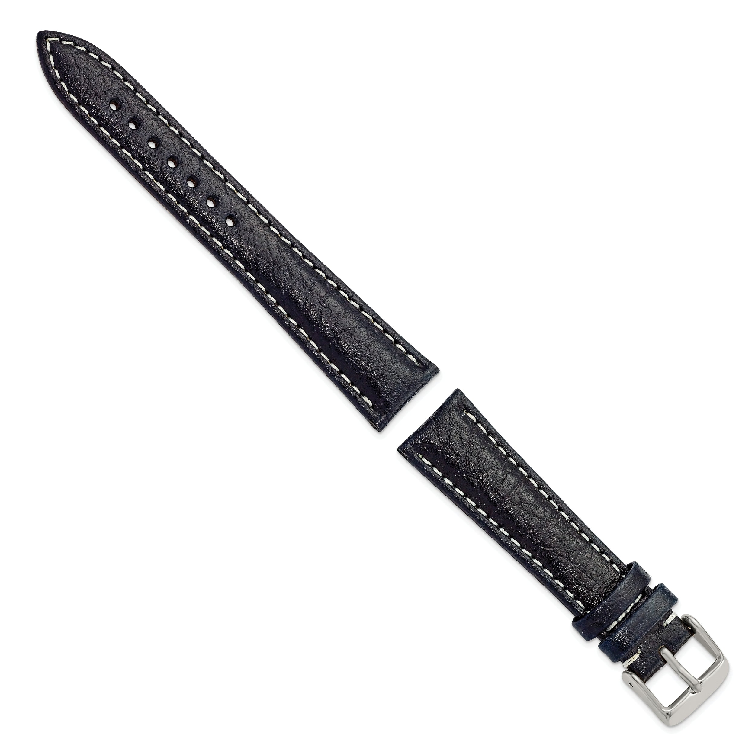 16mm Navy Sport Leather with White Stitching and Silver-tone Buckle 7.5 inch Watch Band