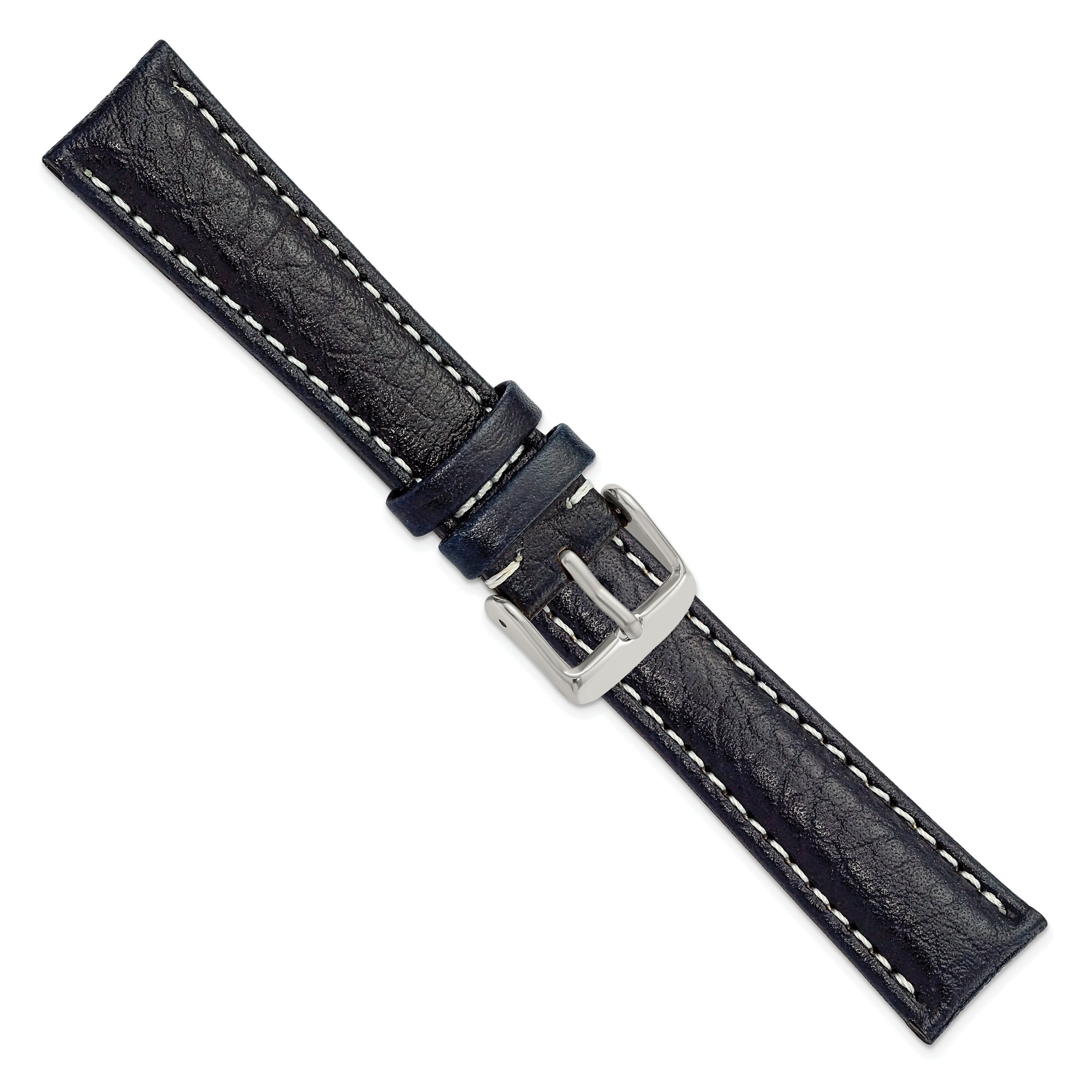 16mm Navy Sport Leather with White Stitching and Silver-tone Buckle 7.5 inch Watch Band