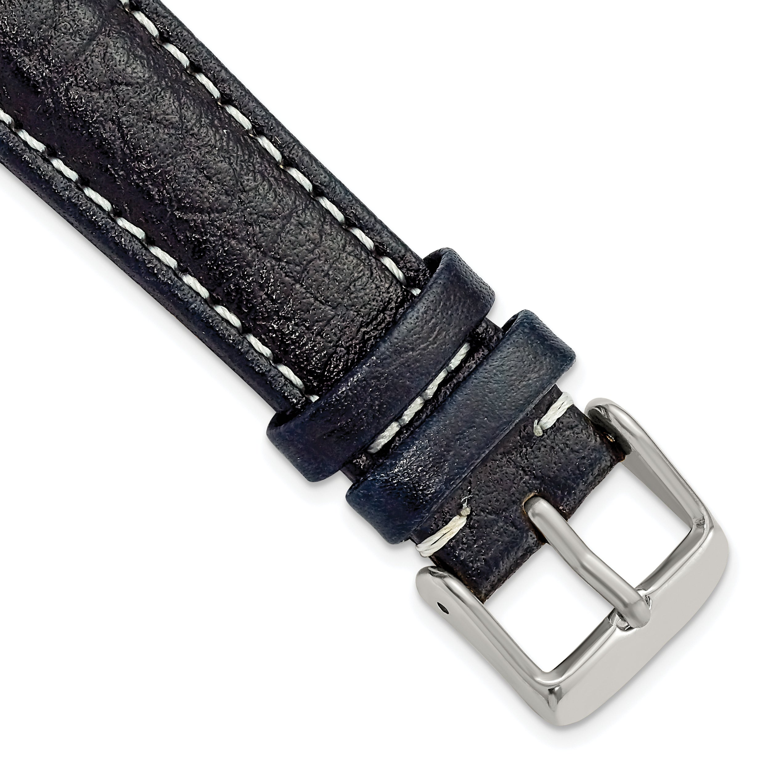 DeBeer 19mm Navy Sport Leather with White Stitching and Silver-tone Buckle 7.5 inch Watch Band