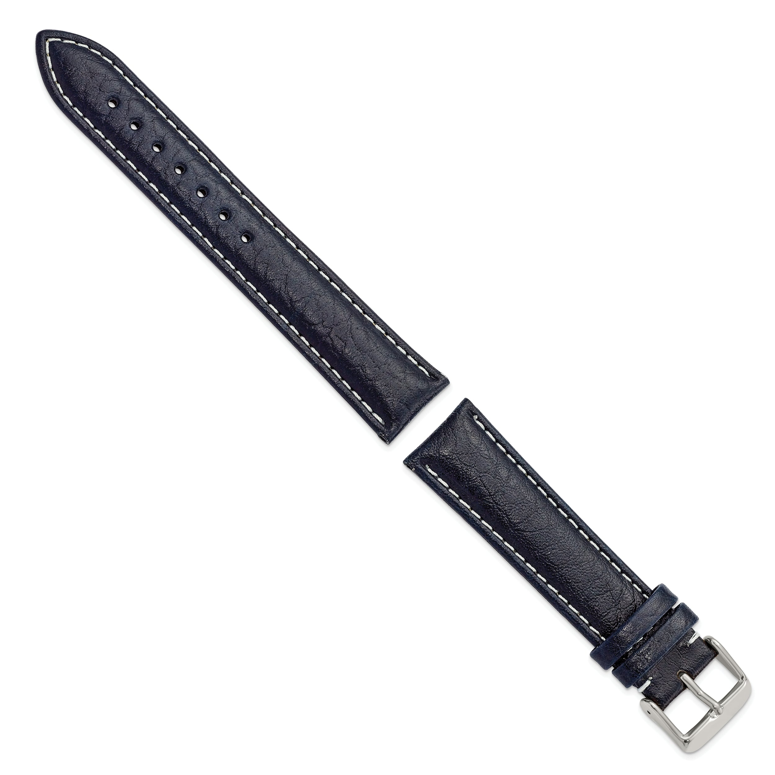 16mm Navy Sport Leather with White Stitching and Silver-tone Buckle 7.5 inch Watch Band