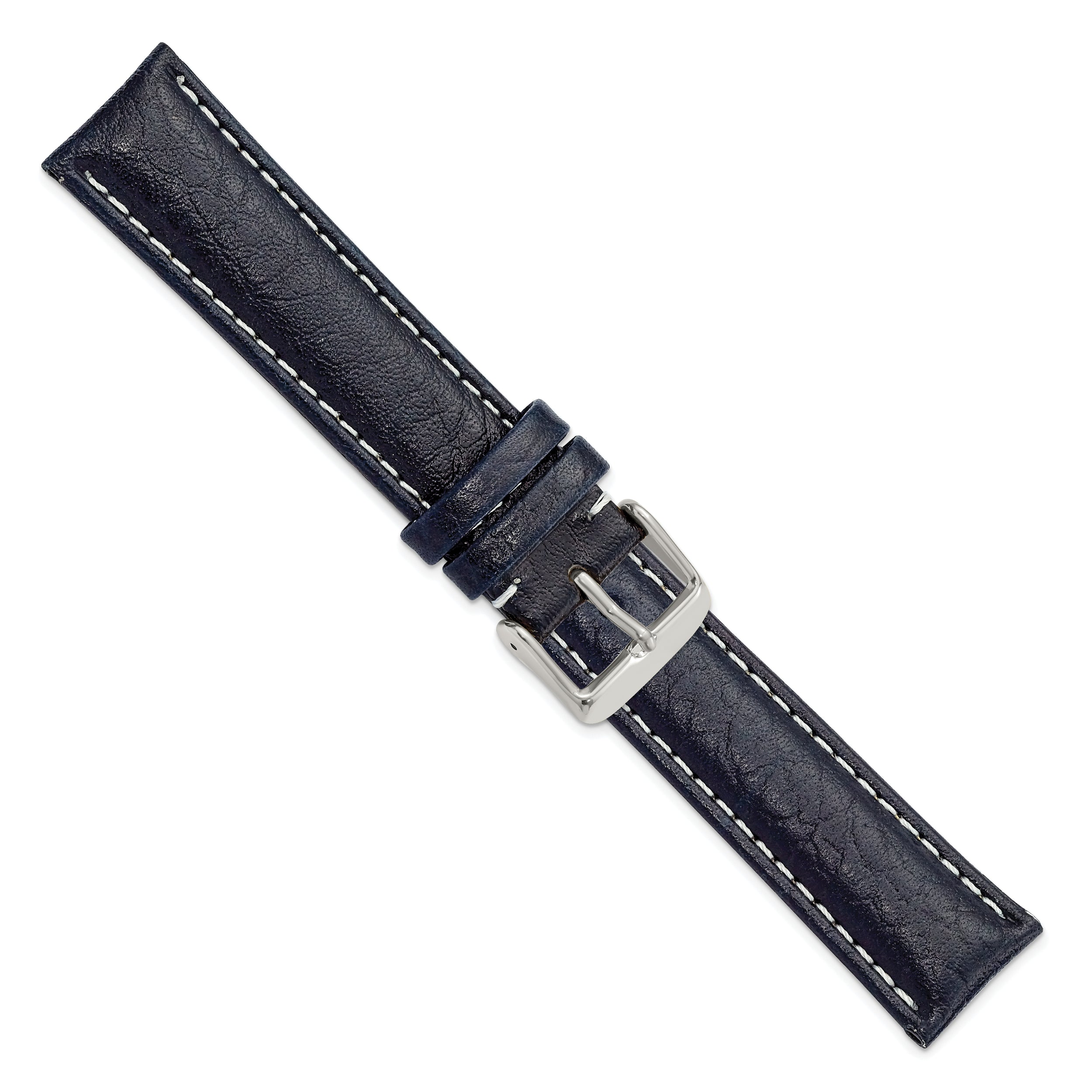 16mm Navy Sport Leather with White Stitching and Silver-tone Buckle 7.5 inch Watch Band