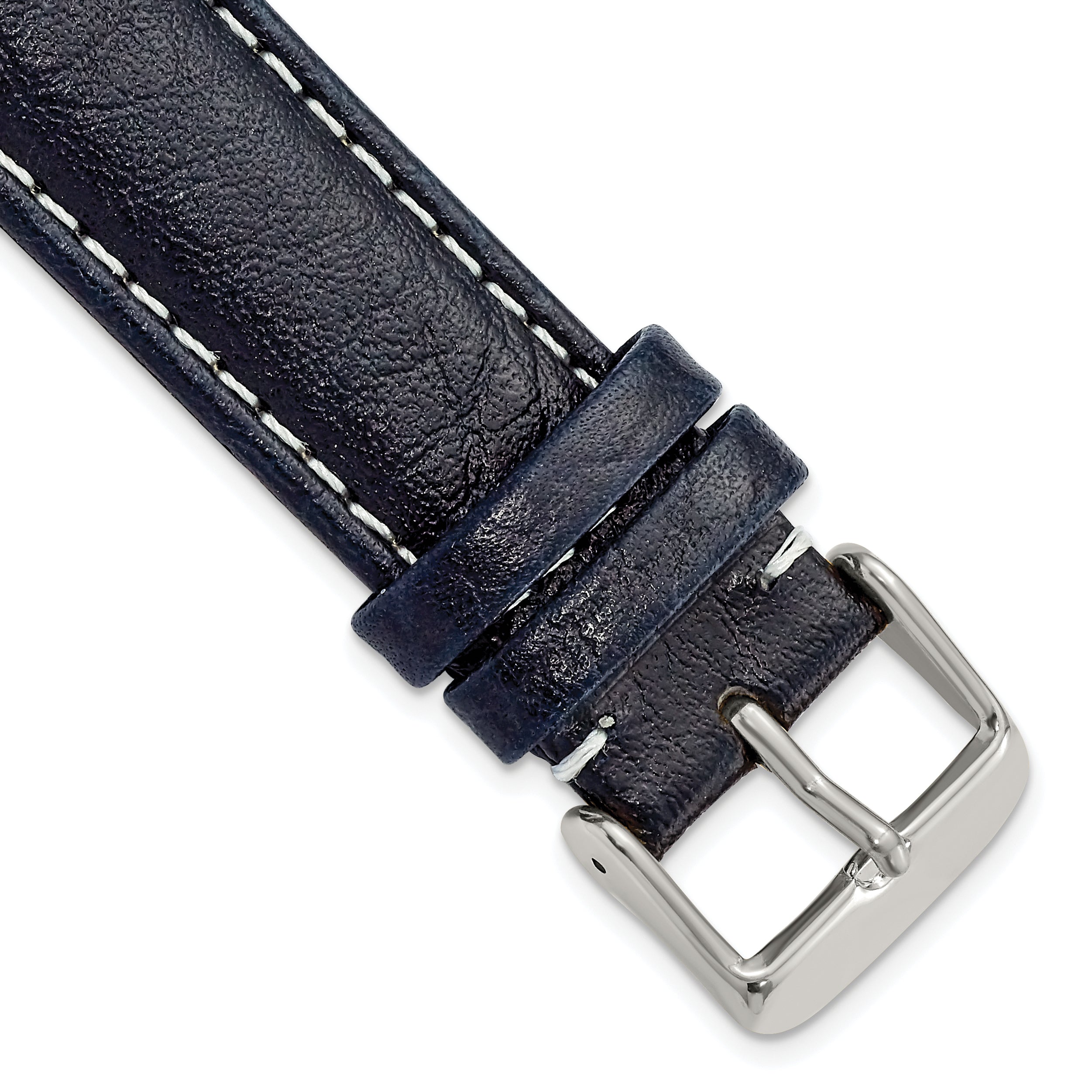 DeBeer 20mm Navy Sport Leather with White Stitching and Silver-tone Buckle 7.5 inch Watch Band