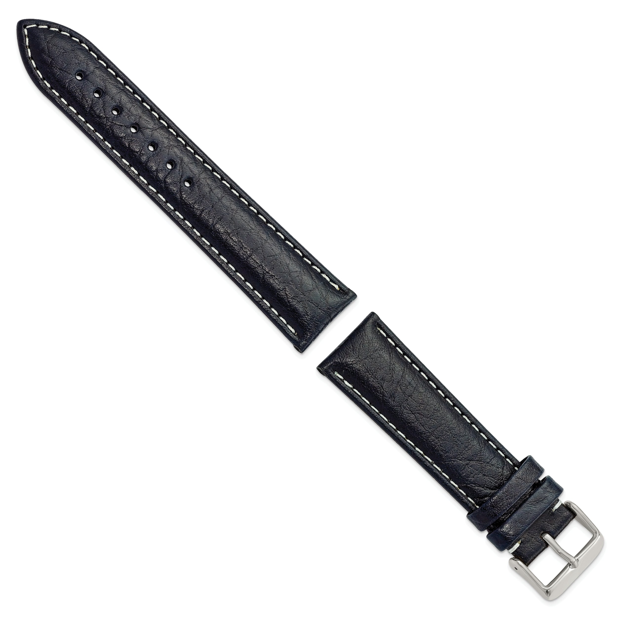 16mm Navy Sport Leather with White Stitching and Silver-tone Buckle 7.5 inch Watch Band