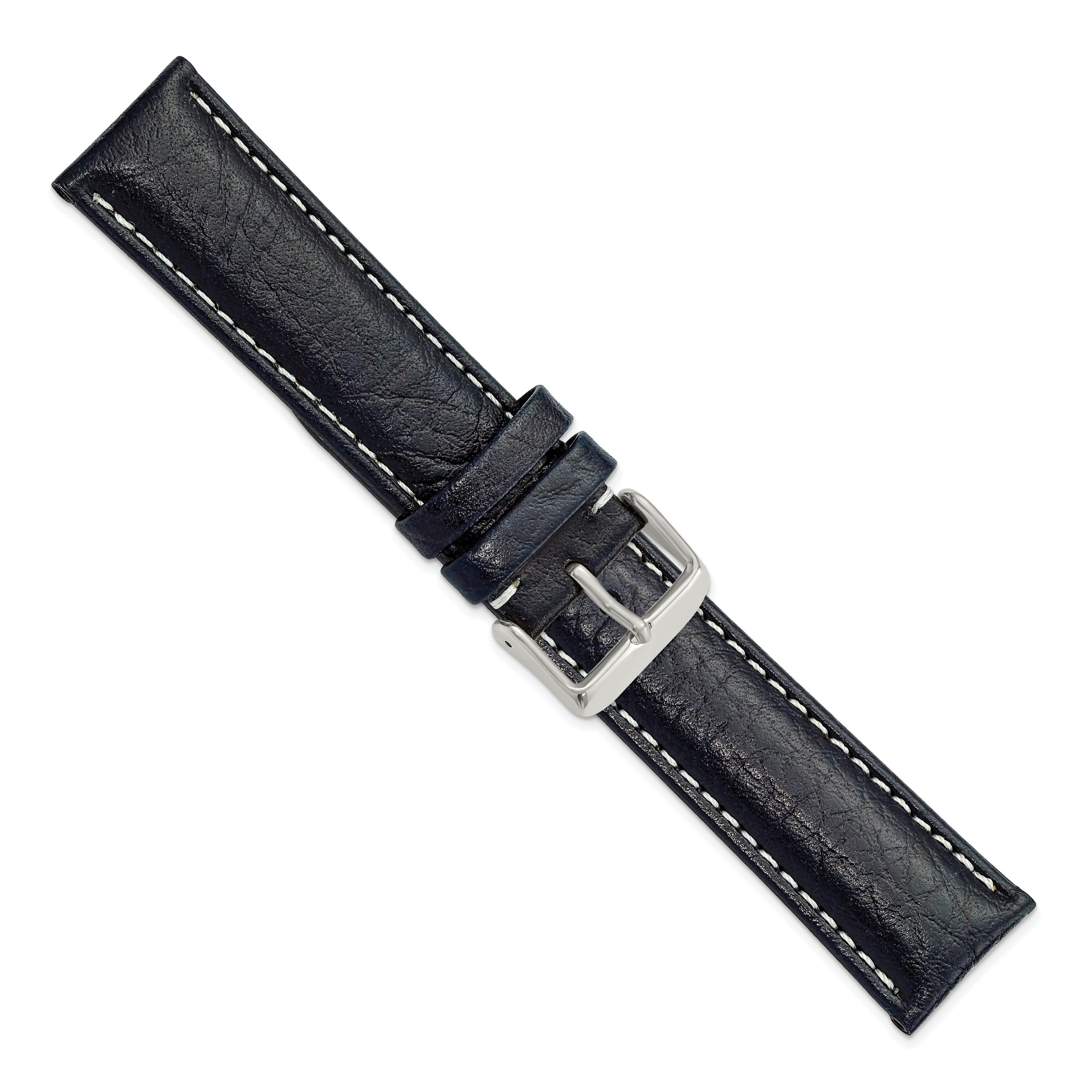 16mm Navy Sport Leather with White Stitching and Silver-tone Buckle 7.5 inch Watch Band