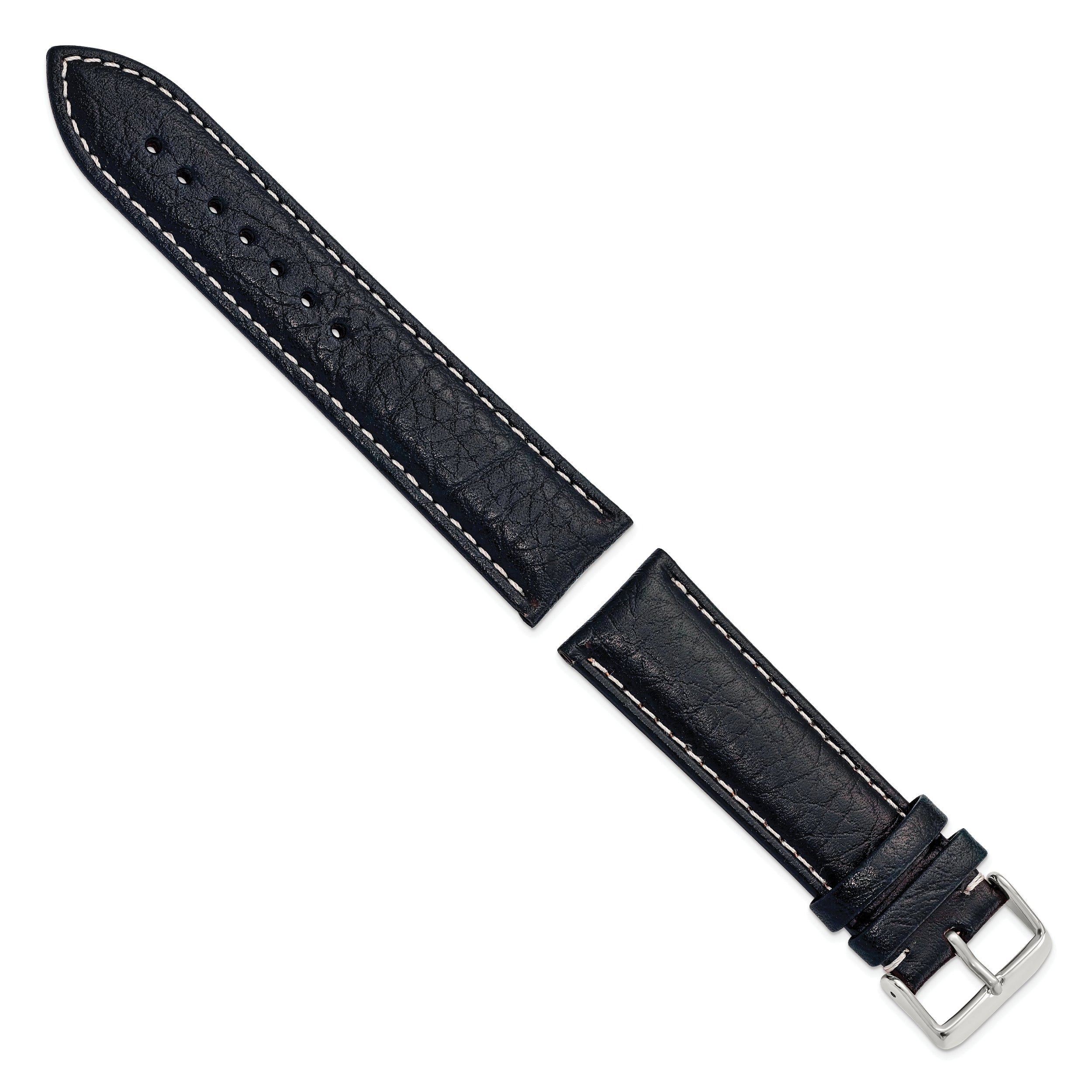 16mm Navy Sport Leather with White Stitching and Silver-tone Buckle 7.5 inch Watch Band