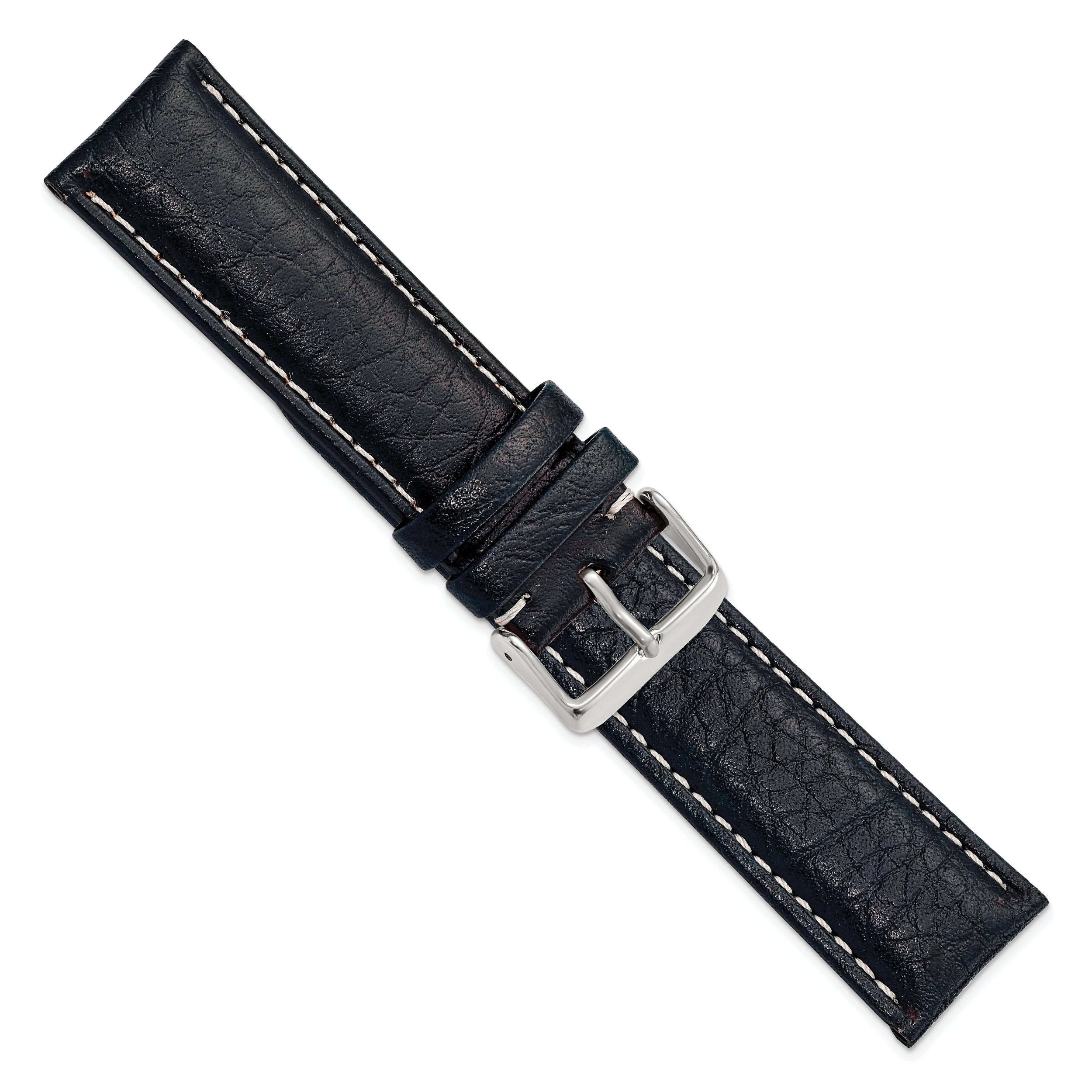 16mm Navy Sport Leather with White Stitching and Silver-tone Buckle 7.5 inch Watch Band