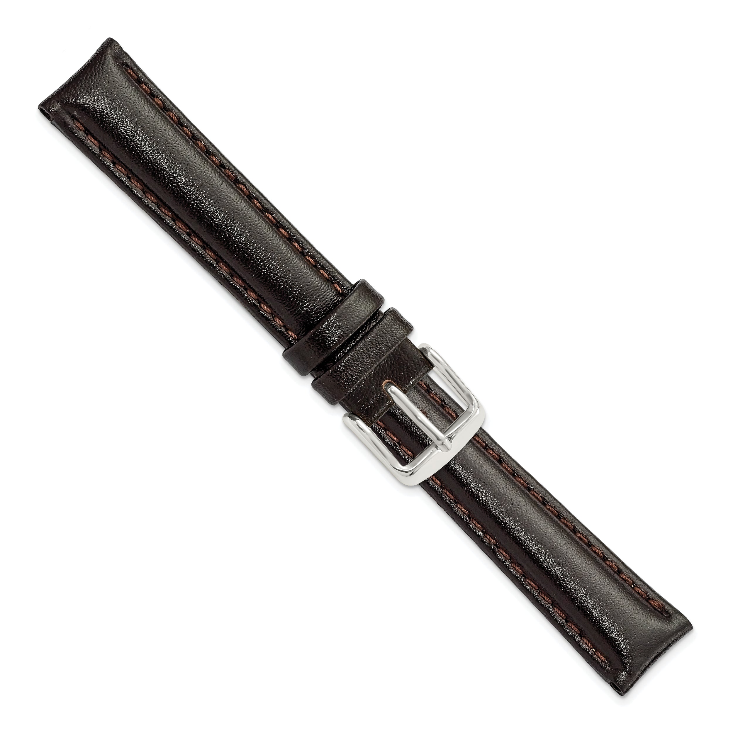 16mm Dark Brown Smooth Leather Chronograph with Silver-tone Buckle 7.5 inch Watch Band