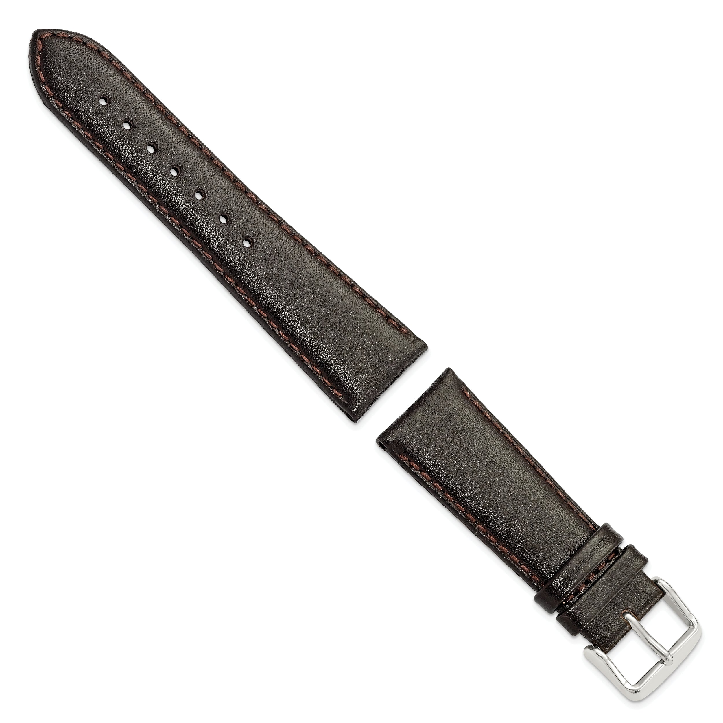 22mm Short Dark Brown Smooth Leather Chronograph with Silver-tone Buckle 6.75 inch Watch Band