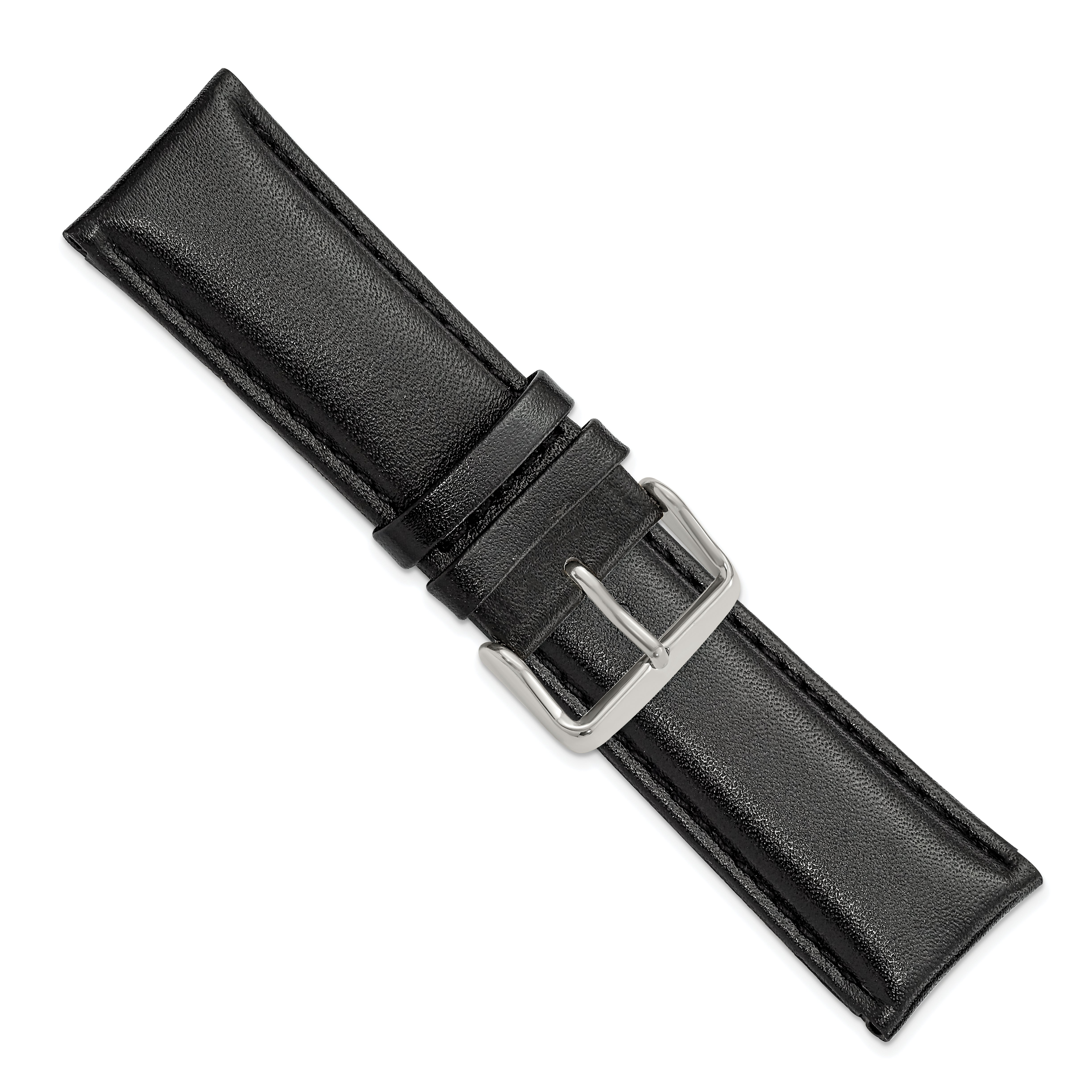 22mm Short Black Smooth Leather Chronograph with Silver-tone Buckle 6.75 inch Watch Band