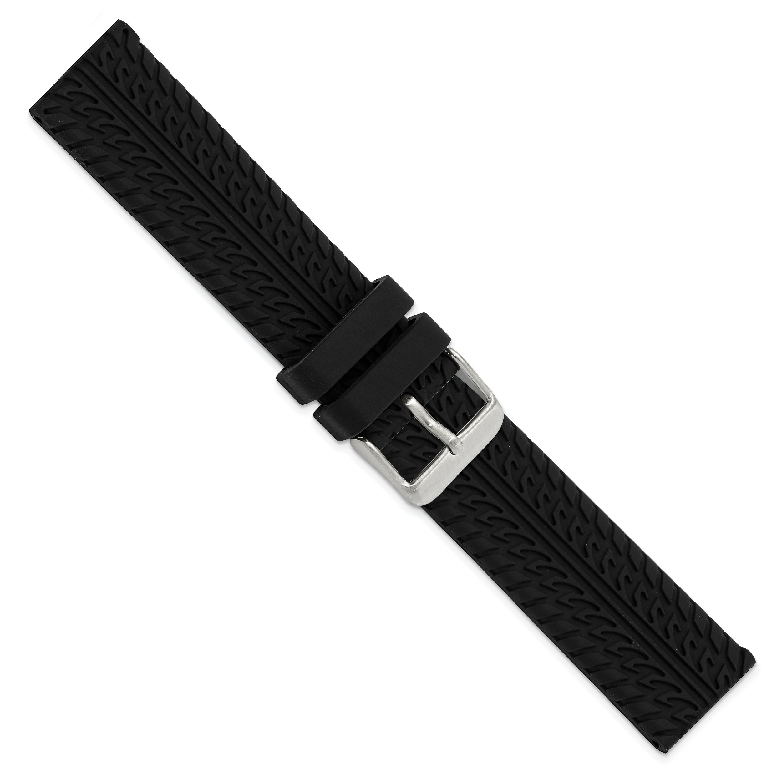 20mm Black Tread Silicone Rubber with Brushed Stainless Steel Buckle 8 inch Watch Band