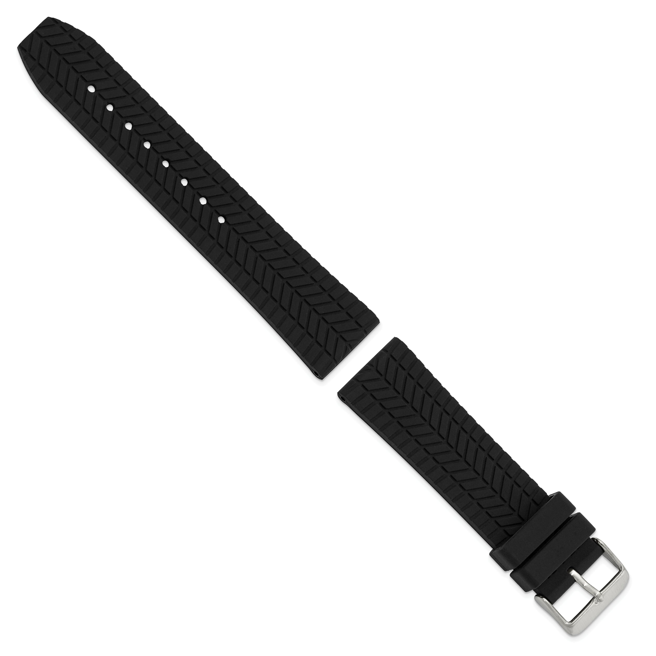 22mm Black Tread Silicone Rubber with Brushed Stainless Steel Buckle 8.25 inch Watch Band