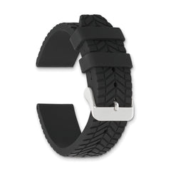 22mm Black Tread Silicone Rubber with Brushed Stainless Steel Buckle 8.25 inch Watch Band