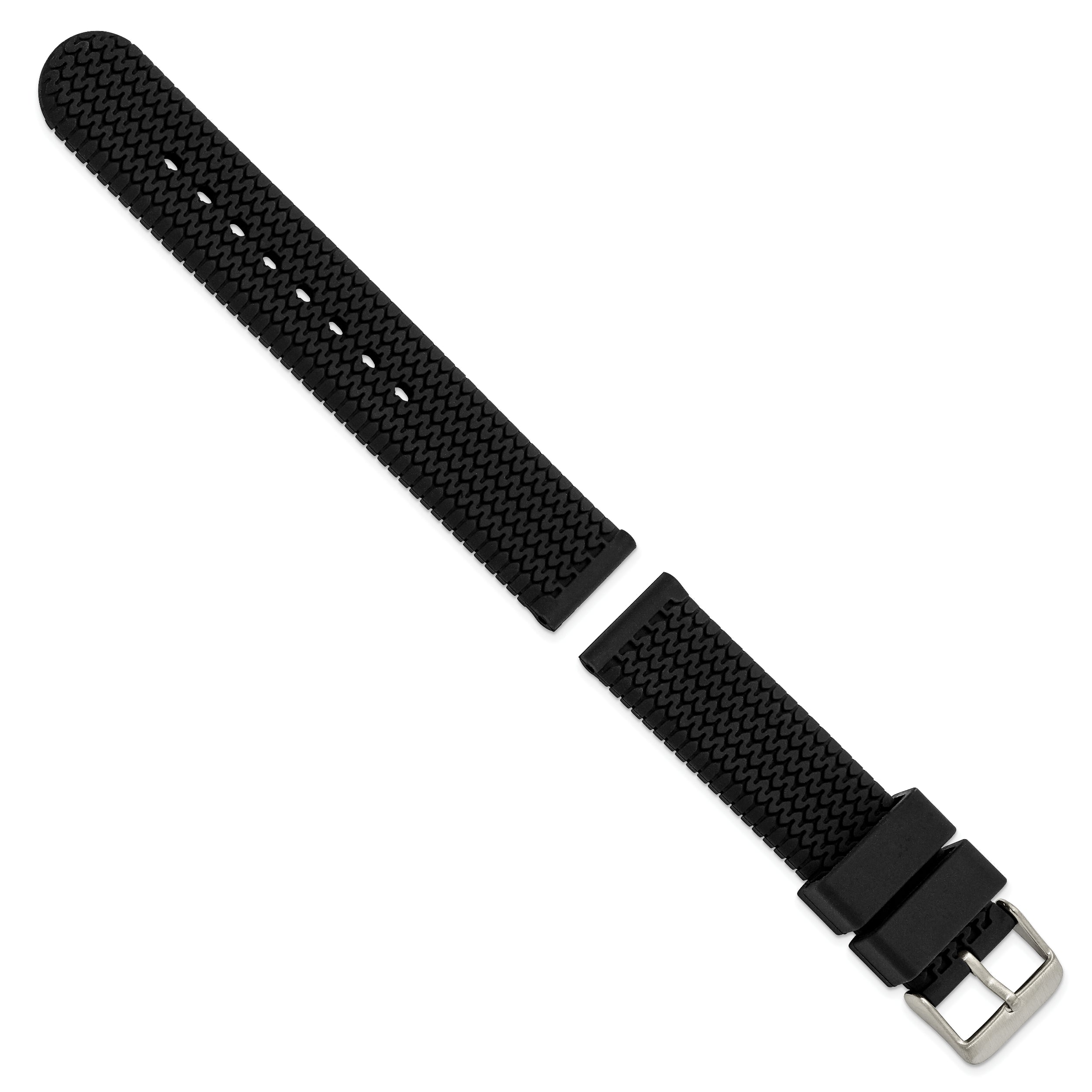 18mm Black Tread Silicone Rubber with Brushed Stainless Steel Buckle 7.75 inch Watch Band