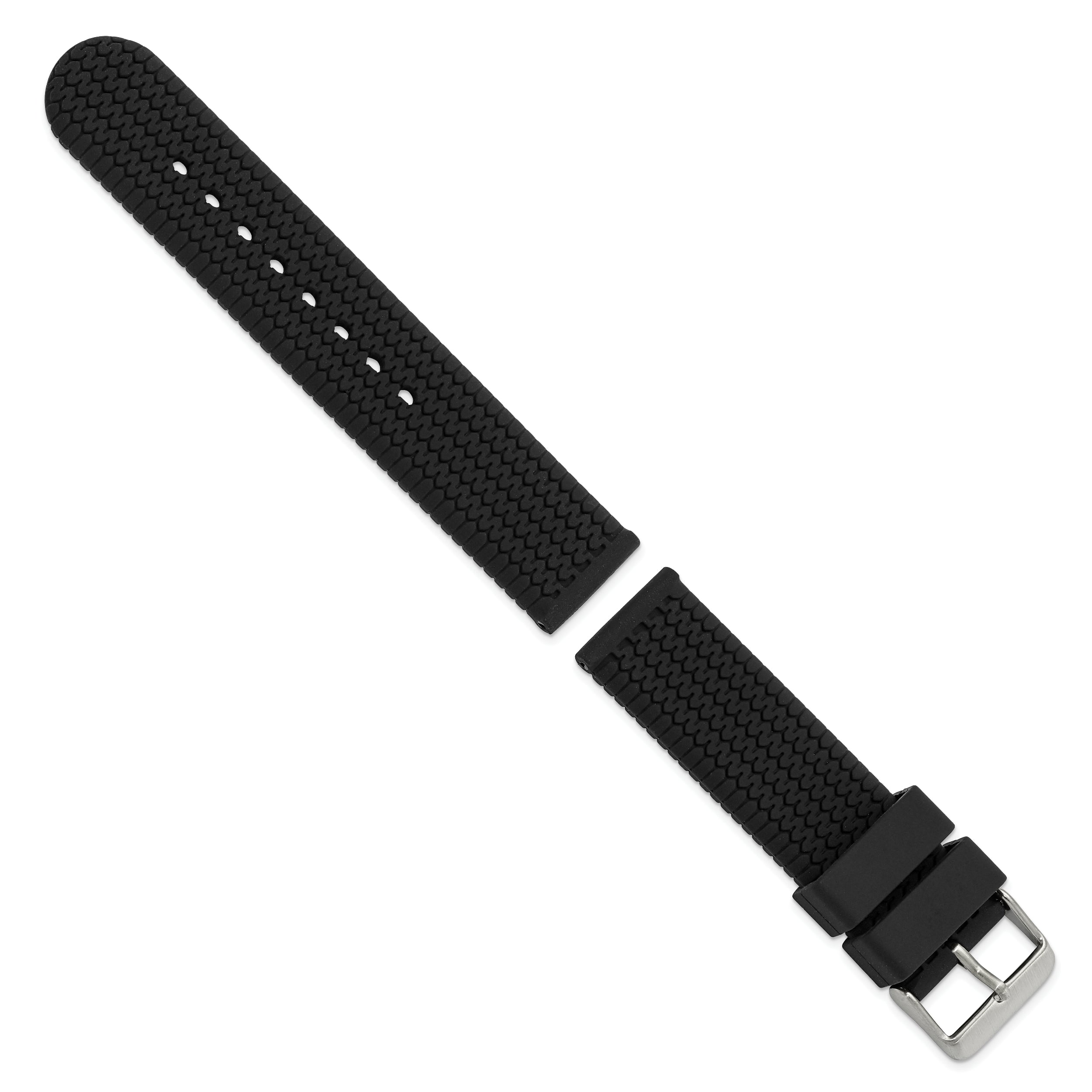 18mm Black Tread Silicone Rubber with Brushed Stainless Steel Buckle 7.75 inch Watch Band