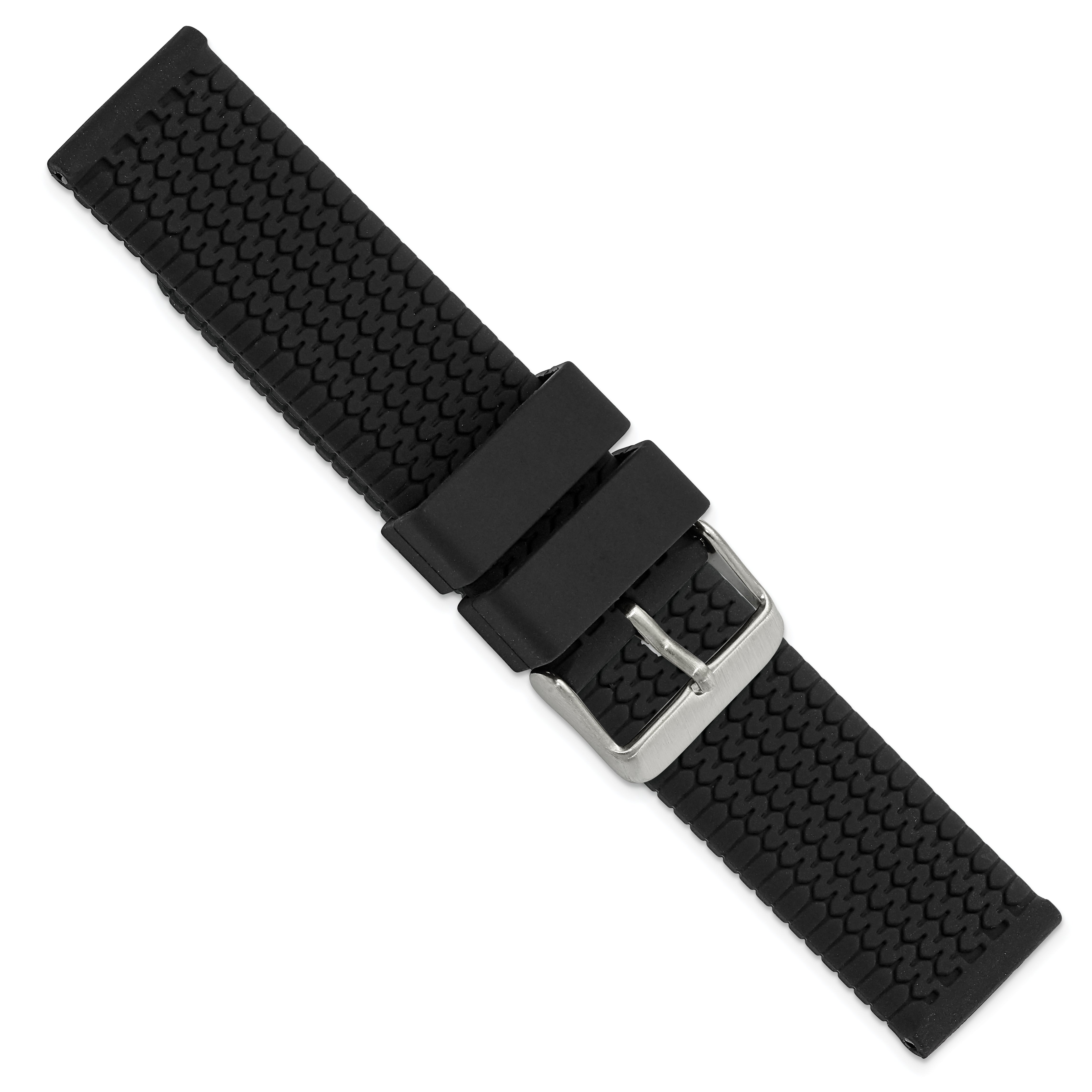 18mm Black Tread Silicone Rubber with Brushed Stainless Steel Buckle 7.75 inch Watch Band