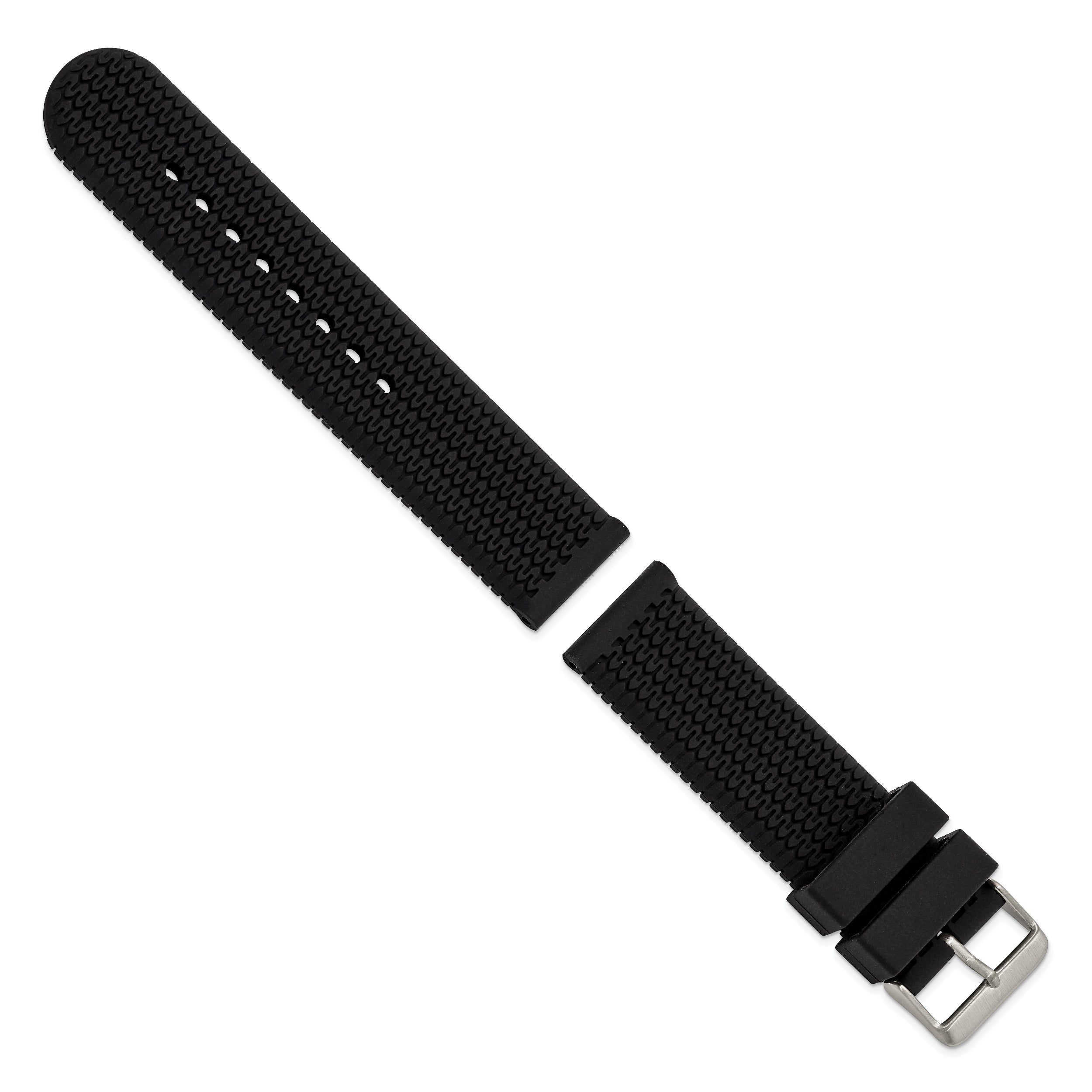 18mm Black Tread Silicone Rubber with Brushed Stainless Steel Buckle 7.75 inch Watch Band