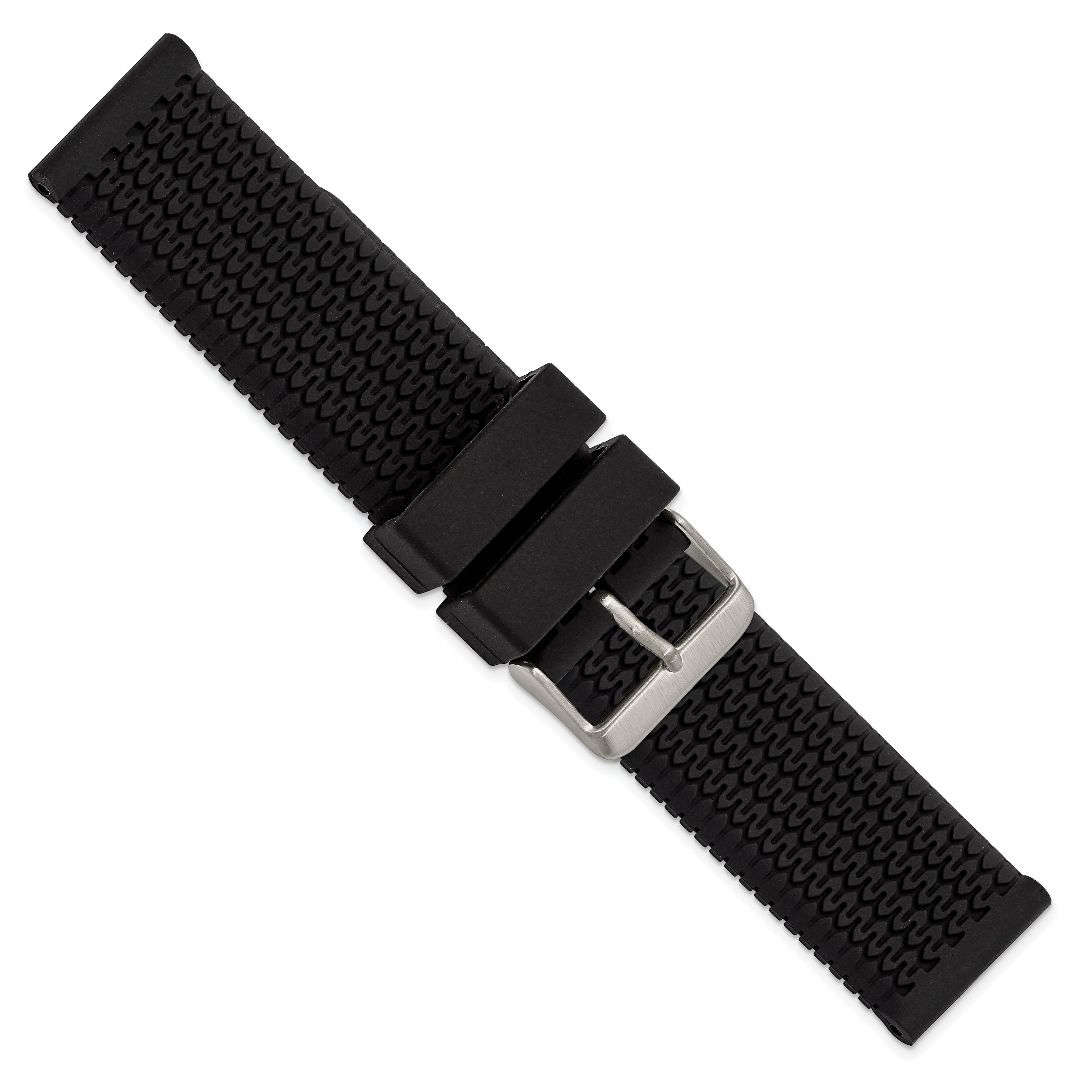 18mm Black Tread Silicone Rubber with Brushed Stainless Steel Buckle 7.75 inch Watch Band