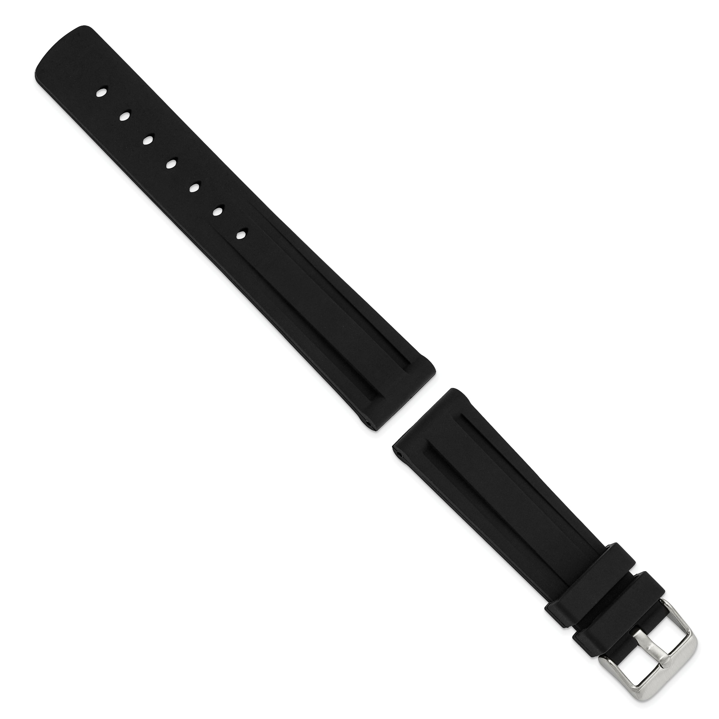 20mm Black Grooved Silicone Rubber with Brushed Stainless Steel Buckle 8 inch Watch Band