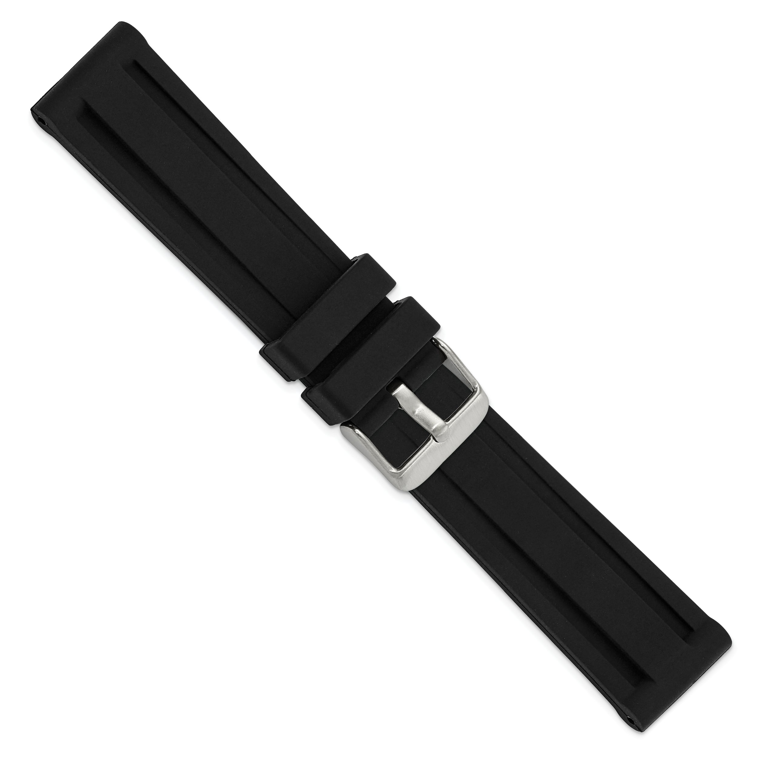 20mm Black Grooved Silicone Rubber with Brushed Stainless Steel Buckle 8 inch Watch Band