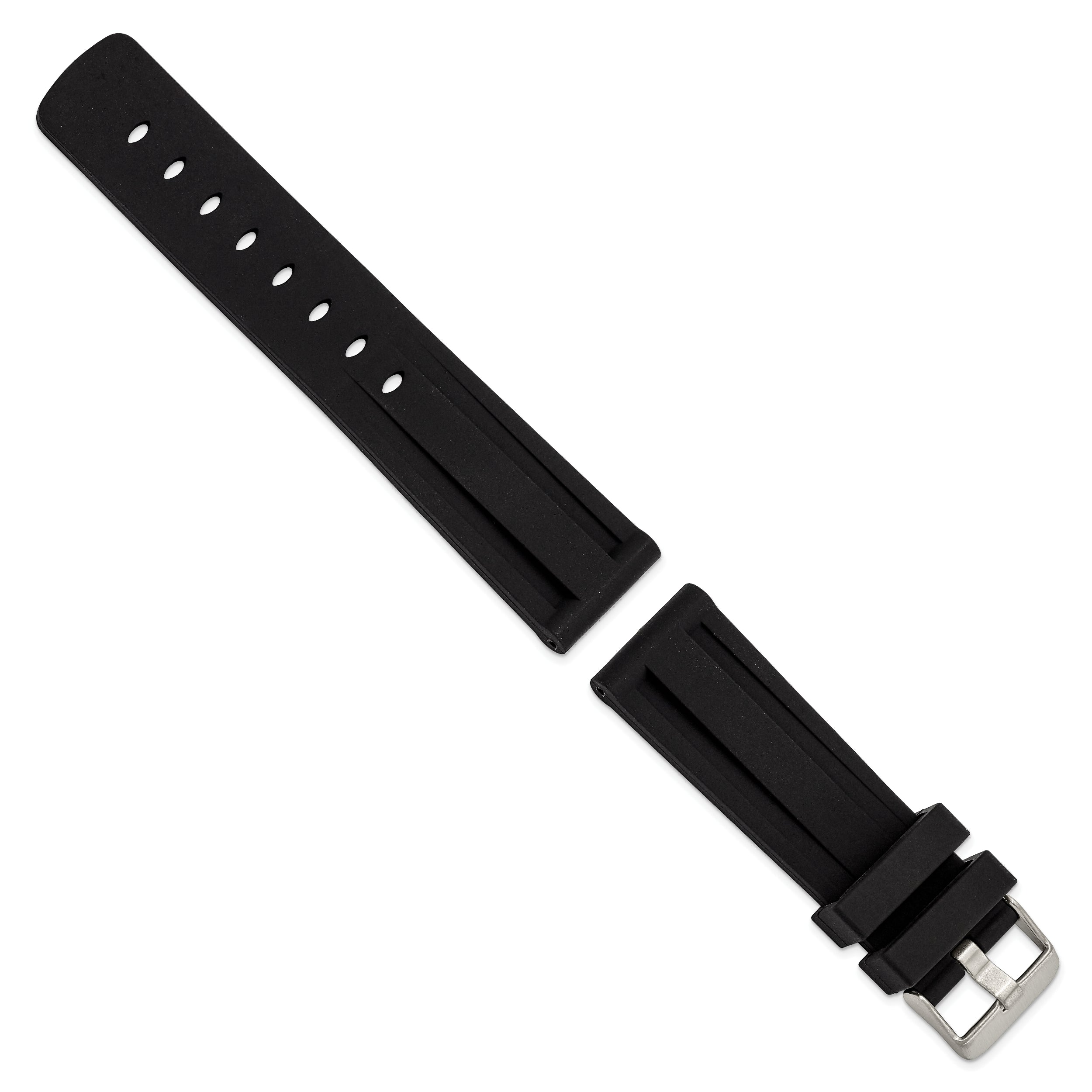 20mm Black Grooved Silicone Rubber with Brushed Stainless Steel Buckle 8 inch Watch Band