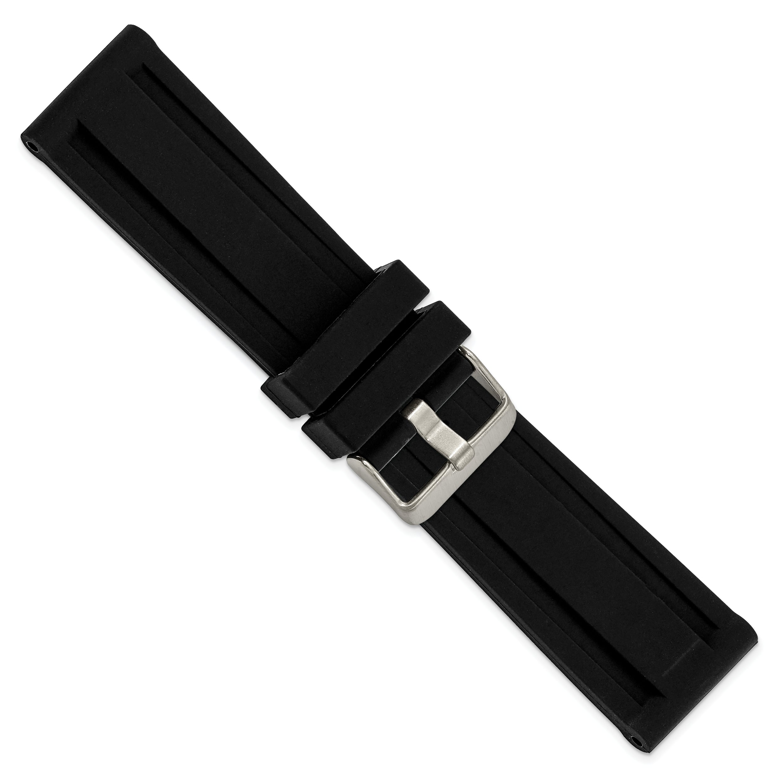 20mm Black Grooved Silicone Rubber with Brushed Stainless Steel Buckle 8 inch Watch Band