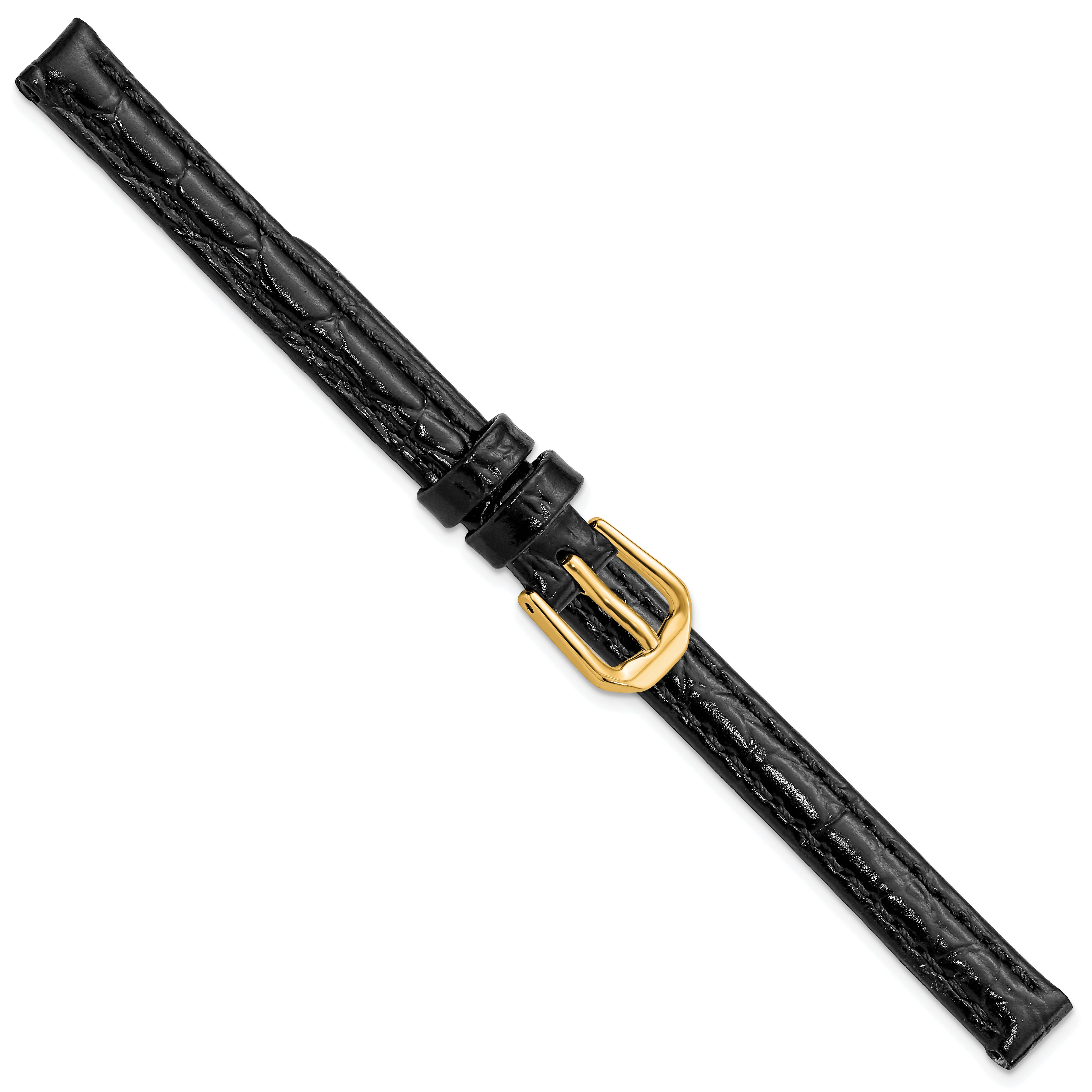 8mm Black Alligator Grain Leather with Gold-tone Buckle 6.75 inch Watch Band