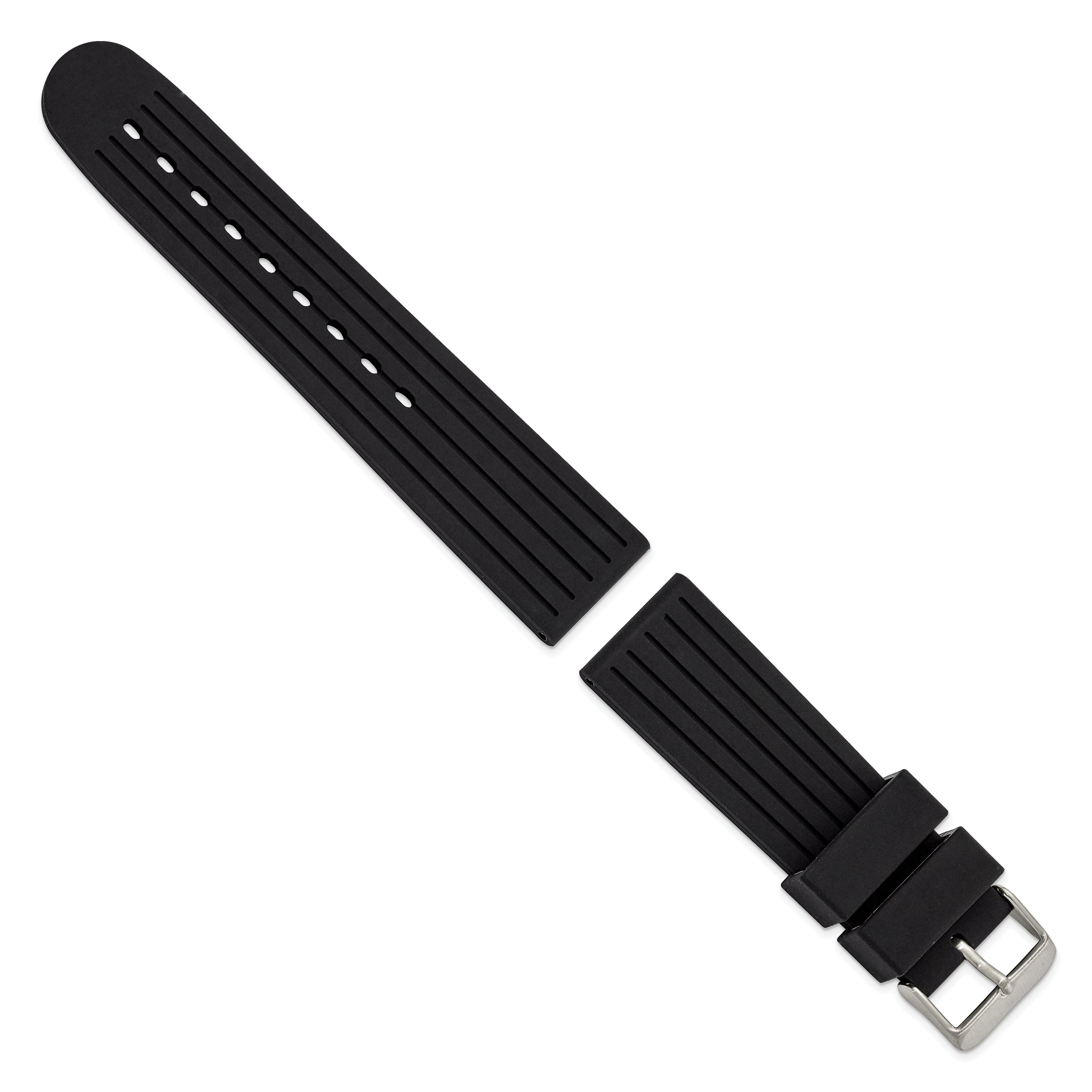 20mm Black Striped Silicone Rubber with Brushed Stainless Steel Buckle 8 inch Watch Band