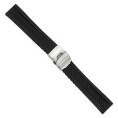 20mm Diver's Style Black Lattice Design Silicone Rubber with Brushed Stainless Steel Deployment Buckle 7.25 inch Watch Band