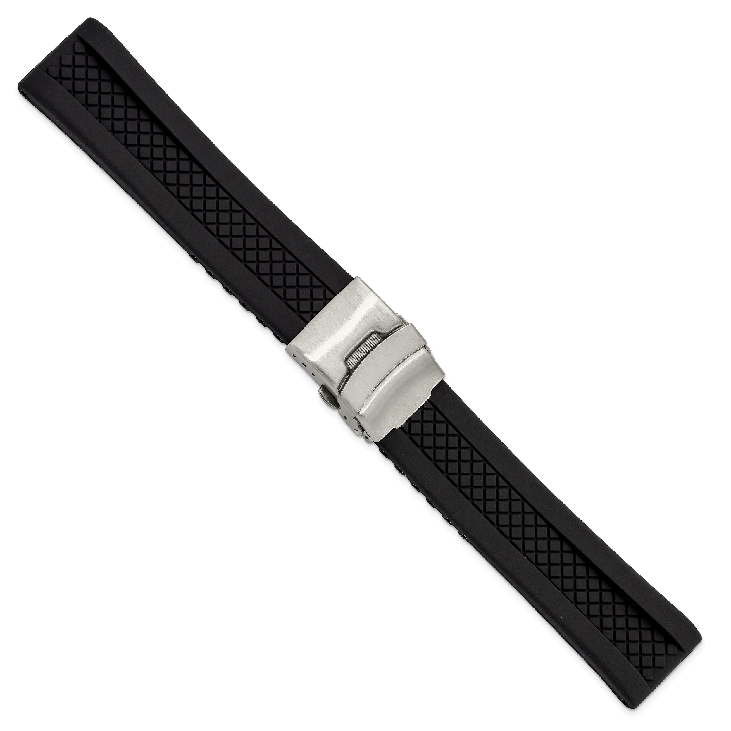 20mm Diver's Style Black Lattice Design Silicone Rubber with Brushed Stainless Steel Deployment Buckle 7.25 inch Watch Band