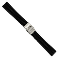 18mm Black Textured Silicone Rubber with Brushed Stainless Steel Deployment Buckle 7.5 inch Watch Band