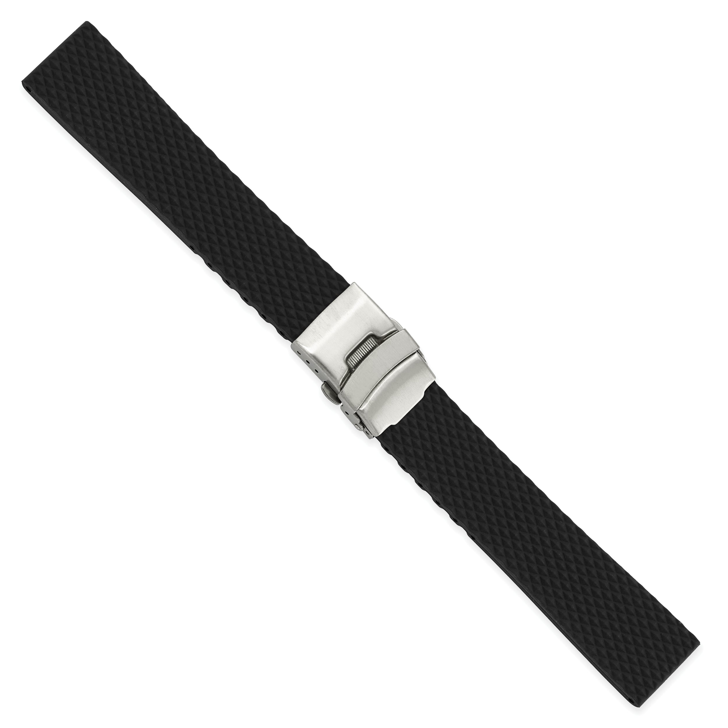 18mm Black Textured Silicone Rubber with Brushed Stainless Steel Deployment Buckle 7.5 inch Watch Band