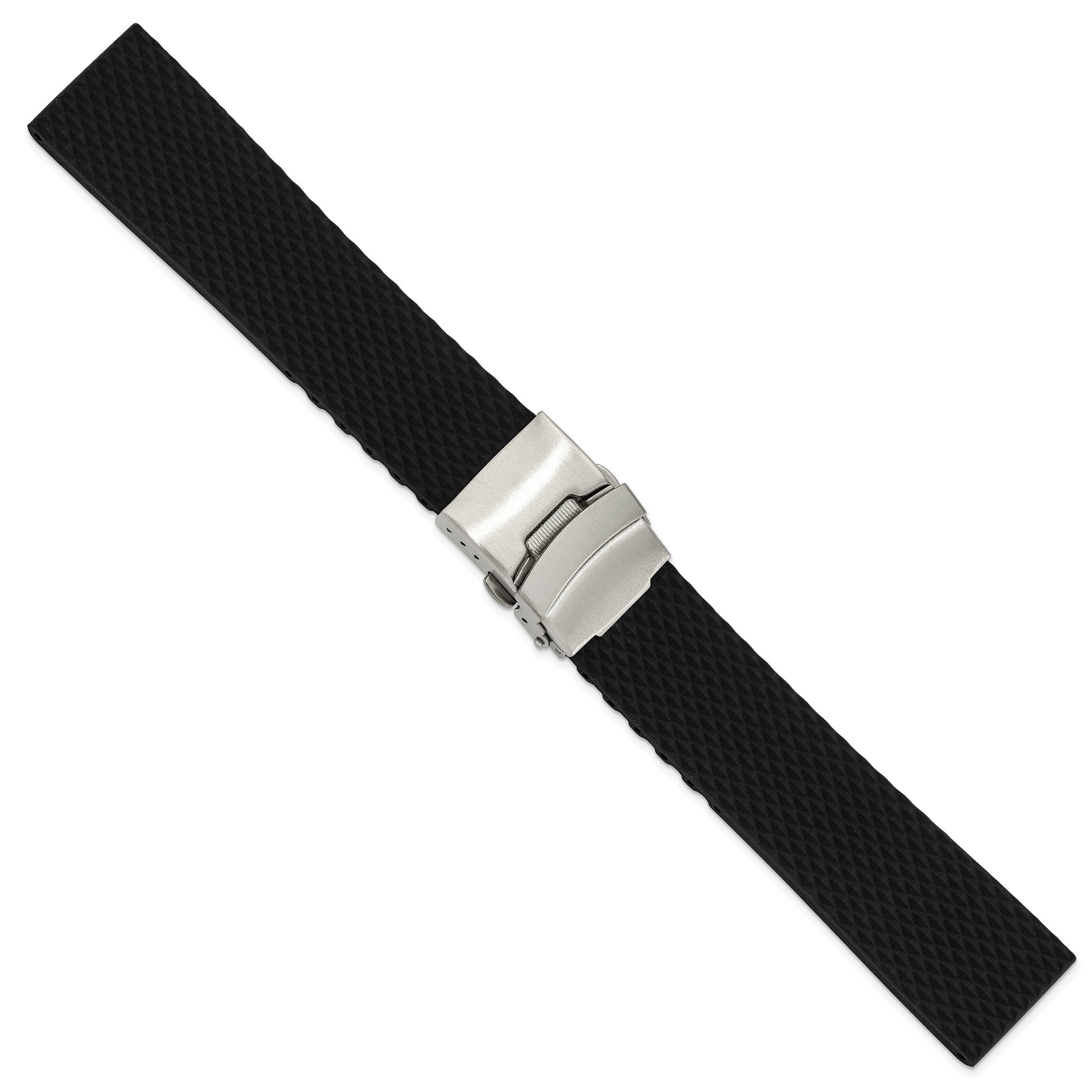 18mm Black Textured Silicone Rubber with Brushed Stainless Steel Deployment Buckle 7.5 inch Watch Band