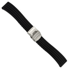 20mm Oris Style Black Striped Silicone Rubber with Brushed Stainless Steel Deployment Buckle 7.25 inch Watch Band