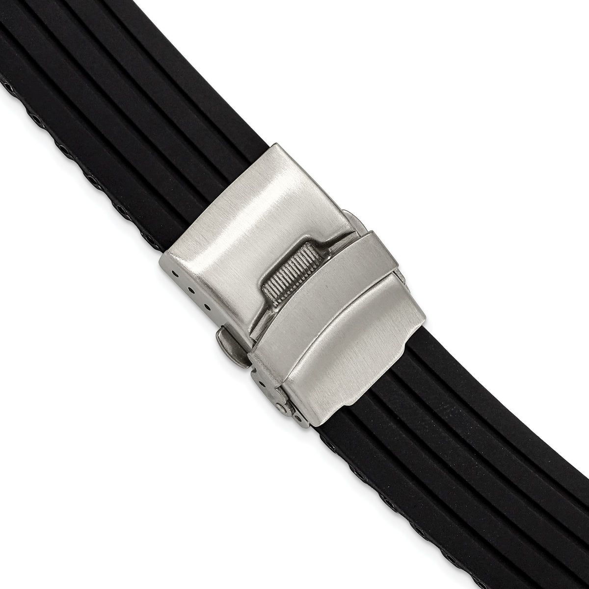 DeBeer 20mm Oris Style Black Striped Silicone Rubber with Brushed Stainless Steel Deployment Buckle 7.25 inch Watch Band